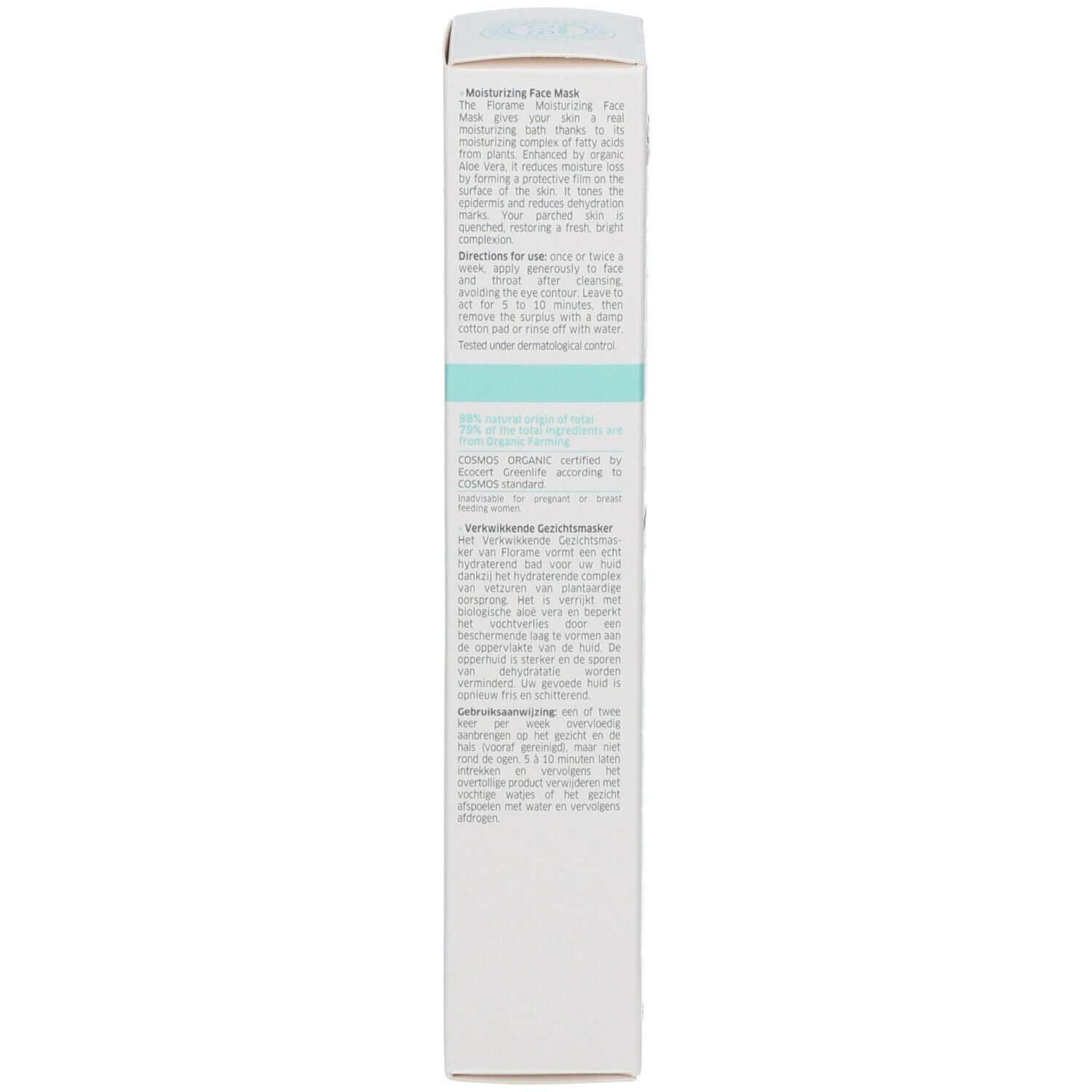 Emballage produit, vue latérale. Texte multilingue. Contient informations ingrédients et utilisation. Certification Bio.