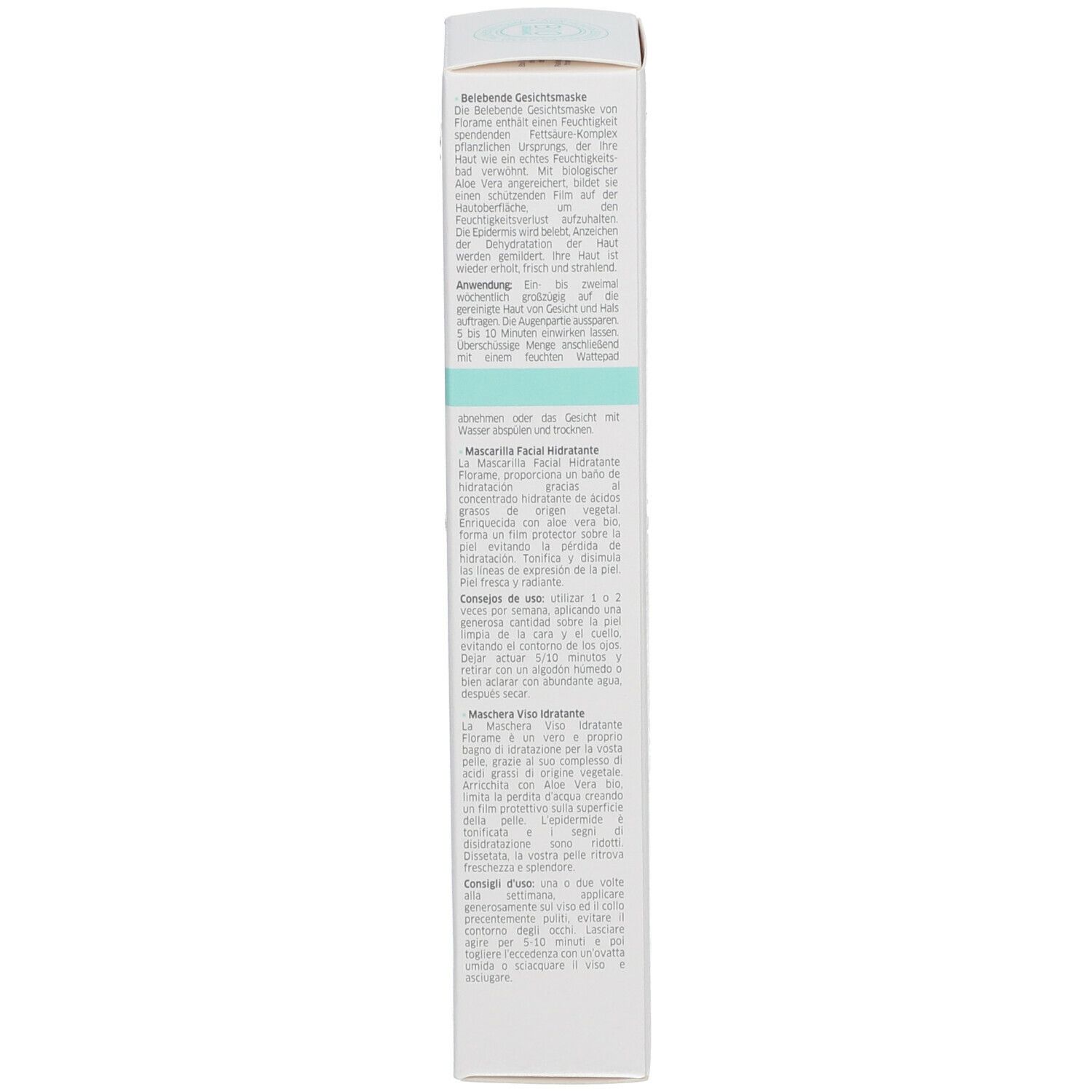 Emballage produit, vue latérale. Texte multilingue. Contient informations ingrédients et utilisation. Certification Bio.