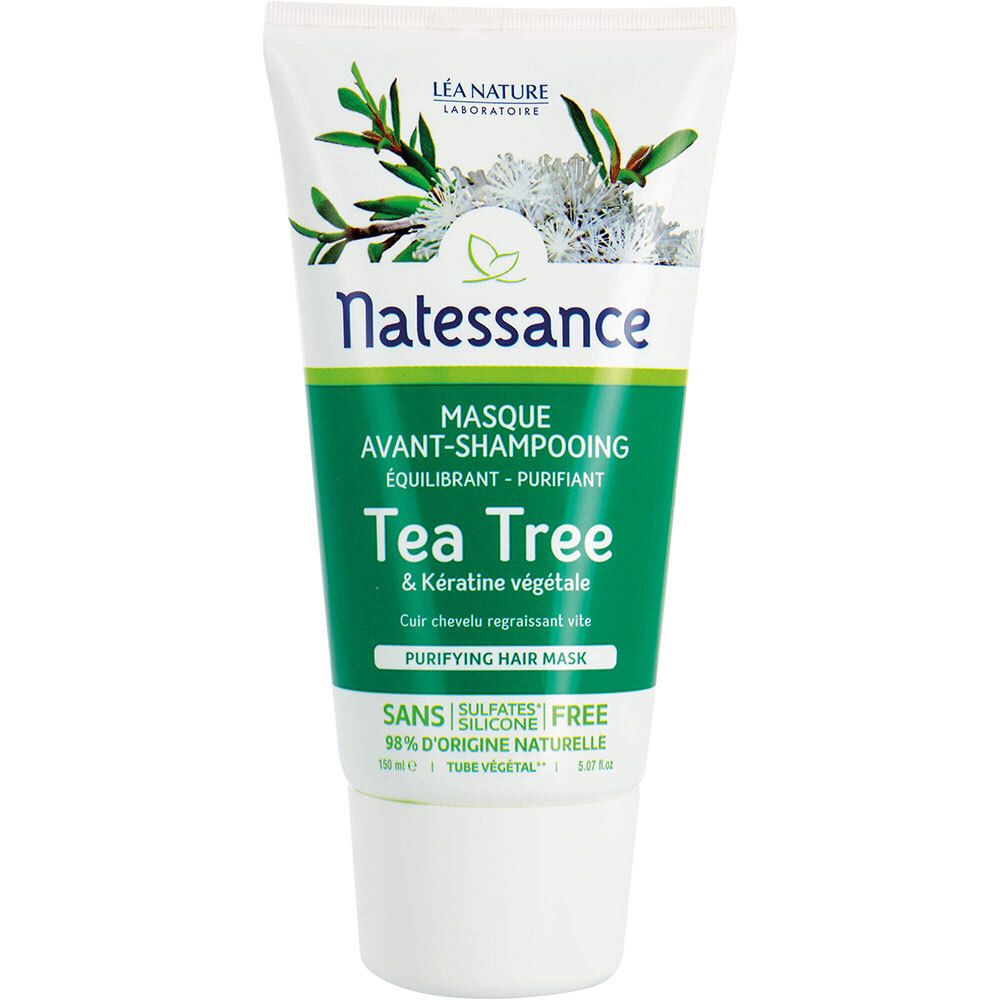 Tube blanc et vert. Inscription Natessance, Tea Tree, Masque. Illustration végétale.
