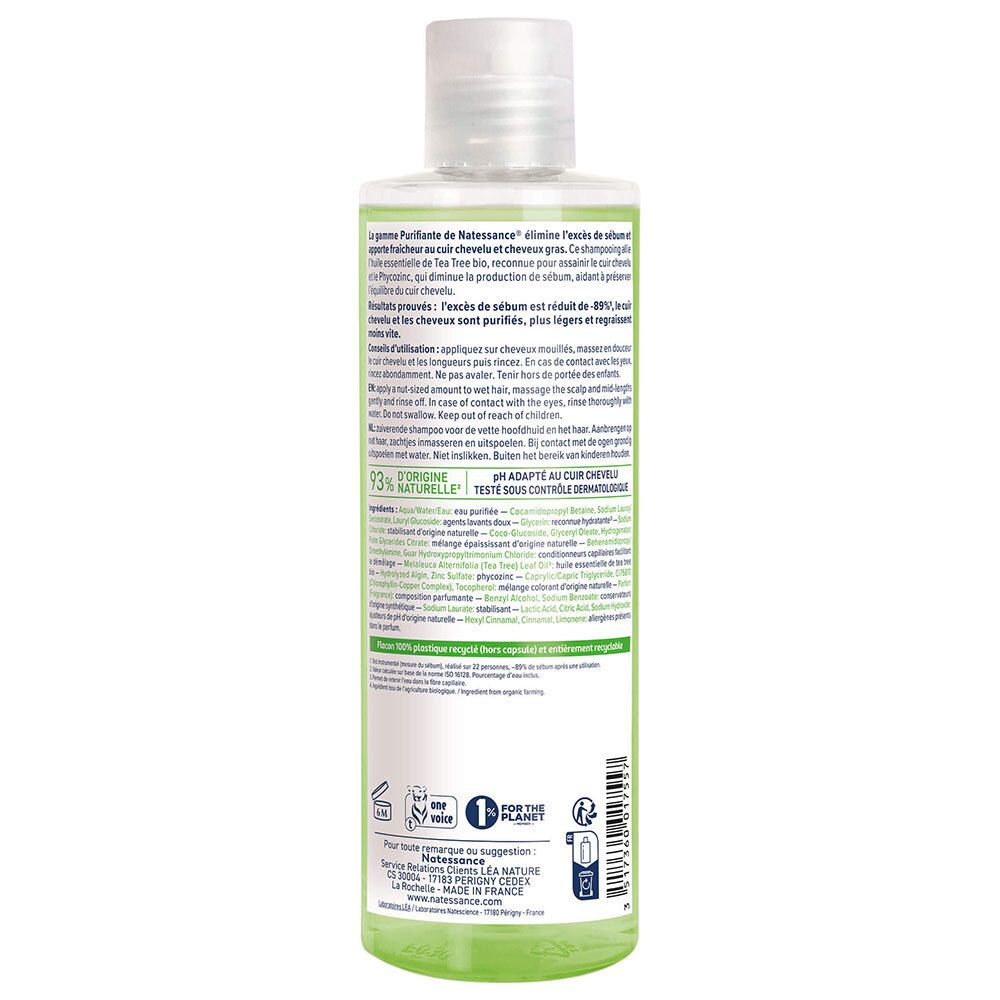 Dos du flacon de shampooing vert. Texte: utilisation, ingrédients, 93% d'ingrédients naturels. Logo: 1 for the planet.