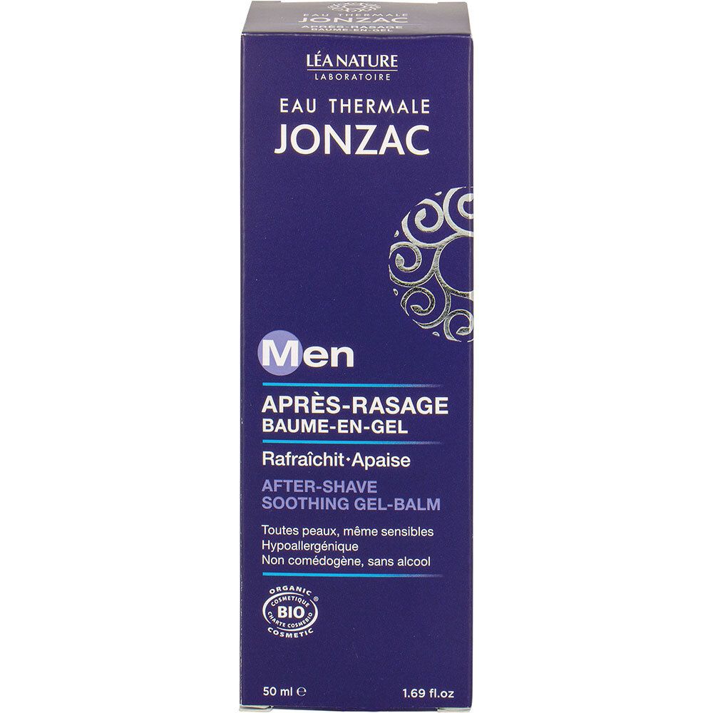 Karton mit Text: Jonzac Men Après-Rasage. Bio-Zertifizierung. Blaue Farbe mit weißen Verzierungen.