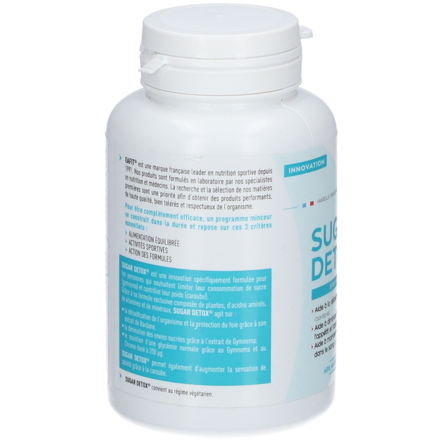 Dos du flacon blanc EA-FIT Sugar Detox®. Texte sur la marque et les ingrédients. Informations d'utilisation et avertissements.
