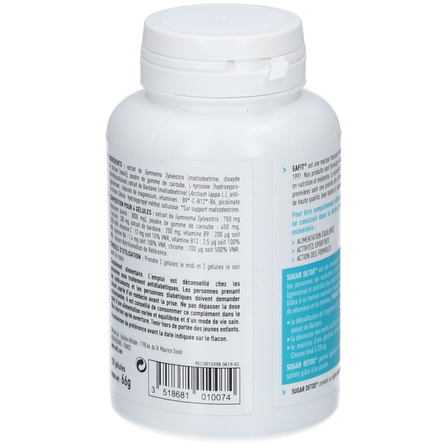 Dos du flacon blanc EA-FIT Sugar Detox®. Liste des ingrédients et informations nutritionnelles. Informations sur le dosage.
