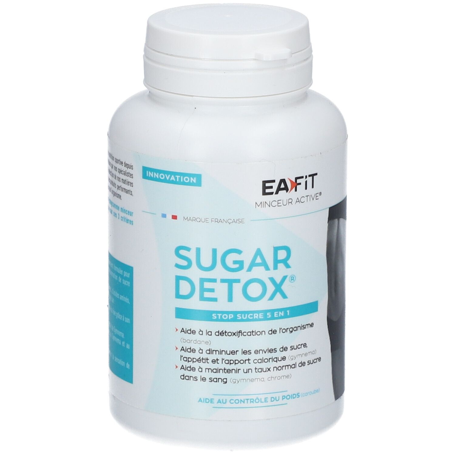 Flacon blanc EA-FIT Sugar Detox®. Inscription Sugar Detox, Stop Sucre 5 en 1. Contient des informations pour soutenir la santé.