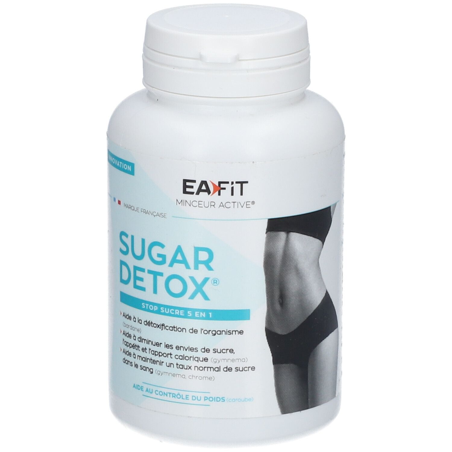 Flacon blanc EA-FIT Sugar Detox®. Inscription Sugar Detox, Stop Sucre 5 en 1. Image d'une femme. Informations sur la santé.