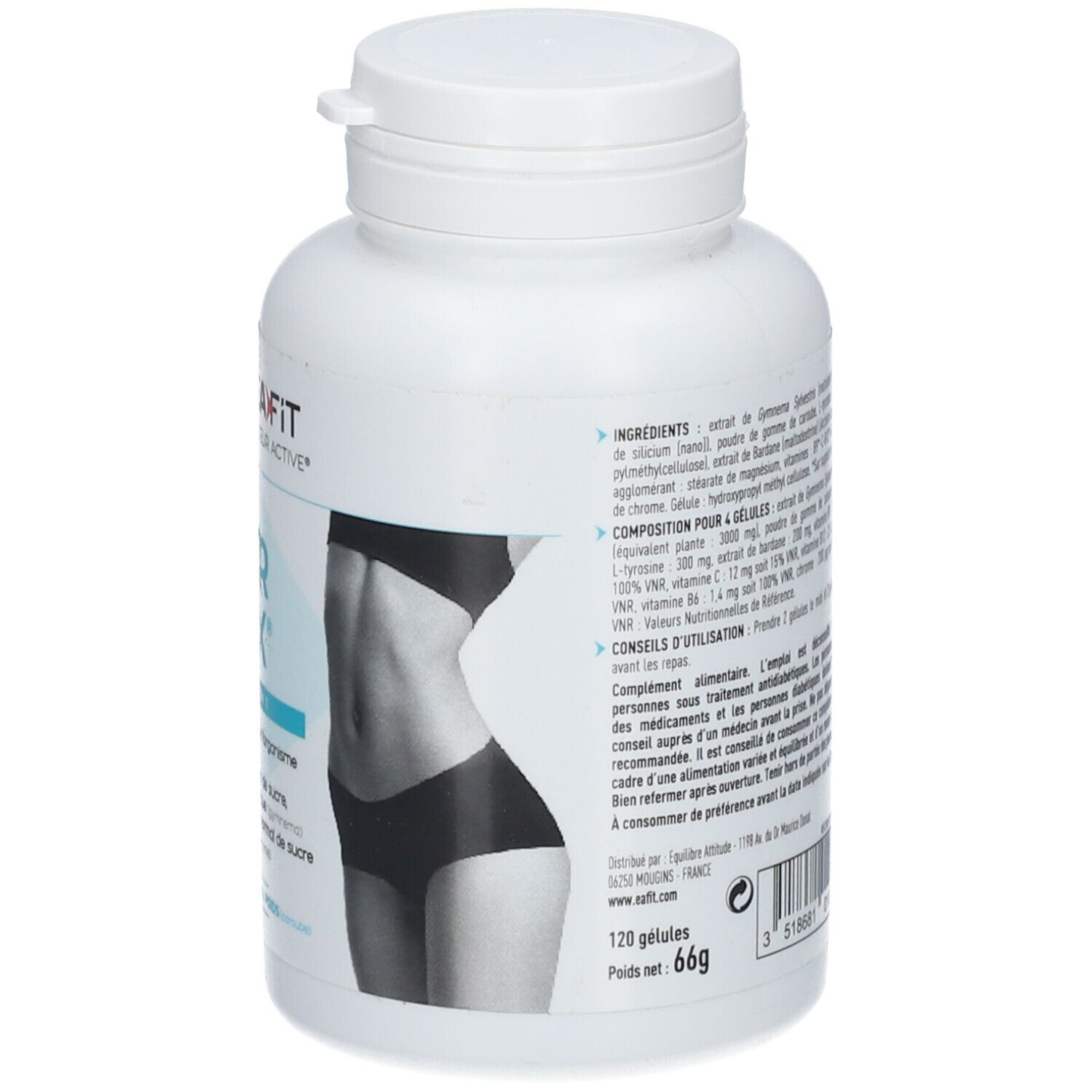 Flacon blanc EA-FIT Sugar Detox®. Inscription Sugar Detox, Stop Sucre 5 en 1. Dos avec ingrédients et informations nutritionnelles.