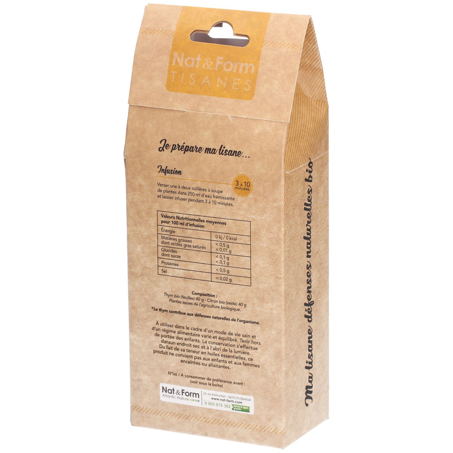 Dos du paquet marron. Texte: Je prépare ma tisane... Tableau nutritionnel. Liste des ingrédients. Informations.