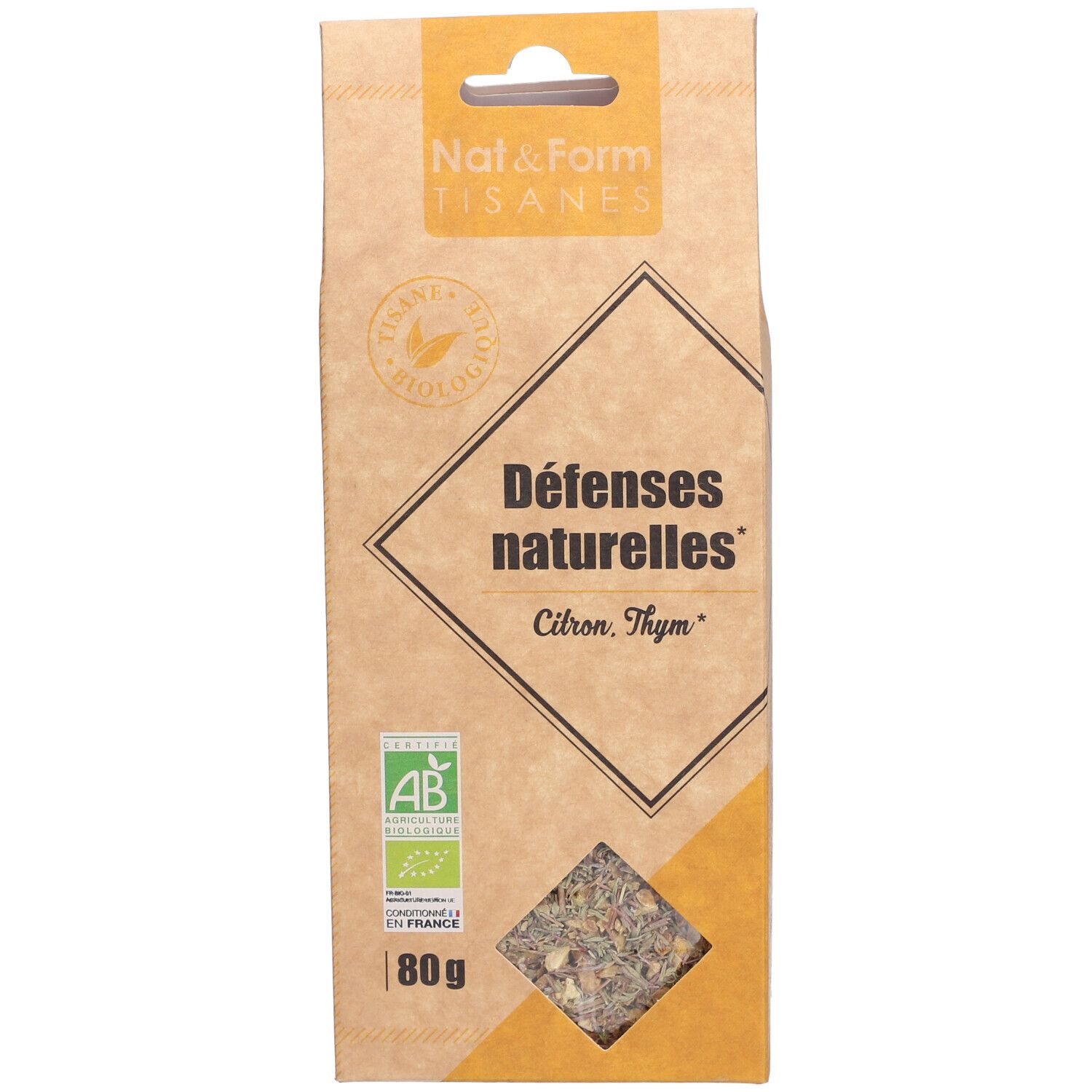 Paquet marron avec fenêtre. Inscription: Défenses naturelles, Citron, Thym. Label bio. 80g. Mélange de plantes visible.