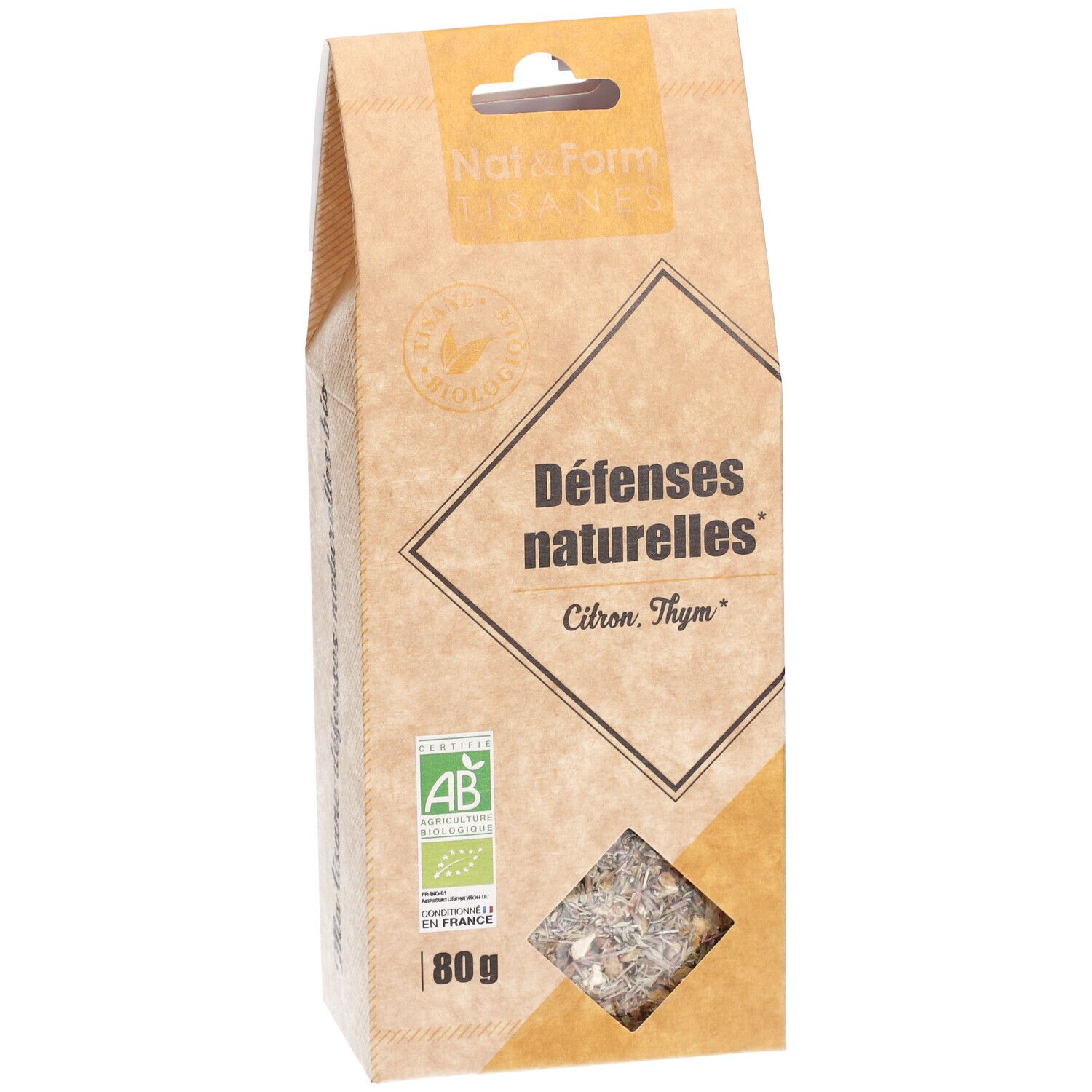 Paquet marron avec fenêtre. Inscription: Défenses naturelles, Citron, Thym. Label bio. 80g.