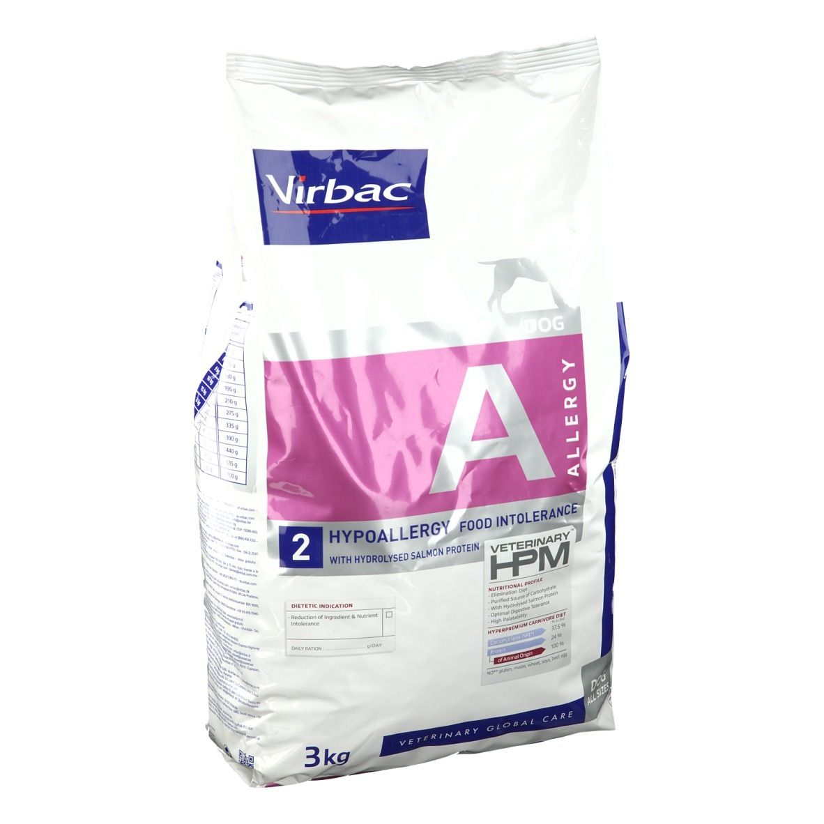 Sac Virbac VETERINARY HPM® Hunde. Blanc et bleu. Inscription : "A ALLERGY", "2", "HYPOALLERGY FOOD INTOLERANCE". Contient 3kg.