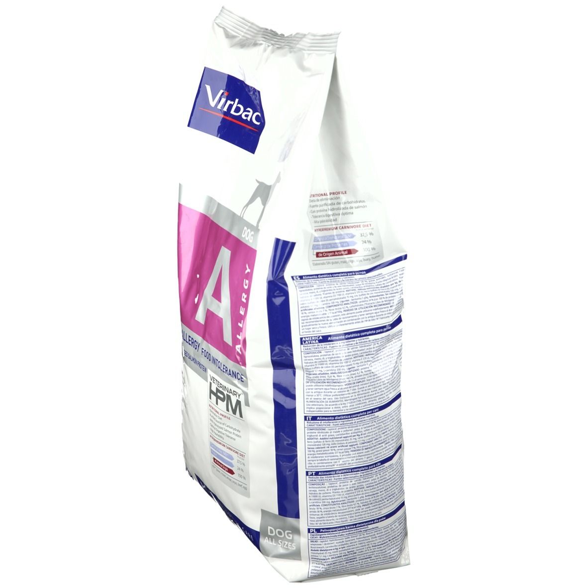 Sac Virbac VETERINARY HPM® Hunde, vue latérale. Blanc, bleu et rose. Texte : "A ALLERGY", "HPM", et informations produit.