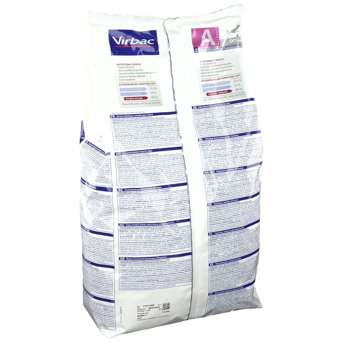 Dos du sac Virbac VETERINARY HPM® Hunde. Blanc et bleu. Imprimé de texte, informations produit.