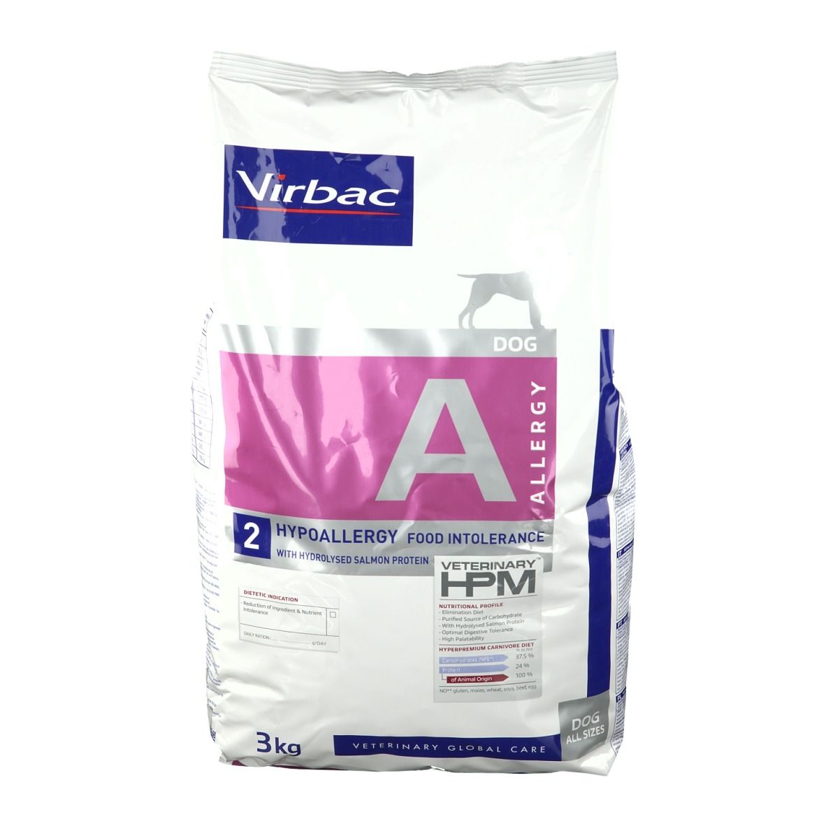 Sac Virbac VETERINARY HPM® Hunde. Blanc, bleu et rose. Inscription : "A ALLERGY", "2", "HYPOALLERGY FOOD INTOLERANCE".