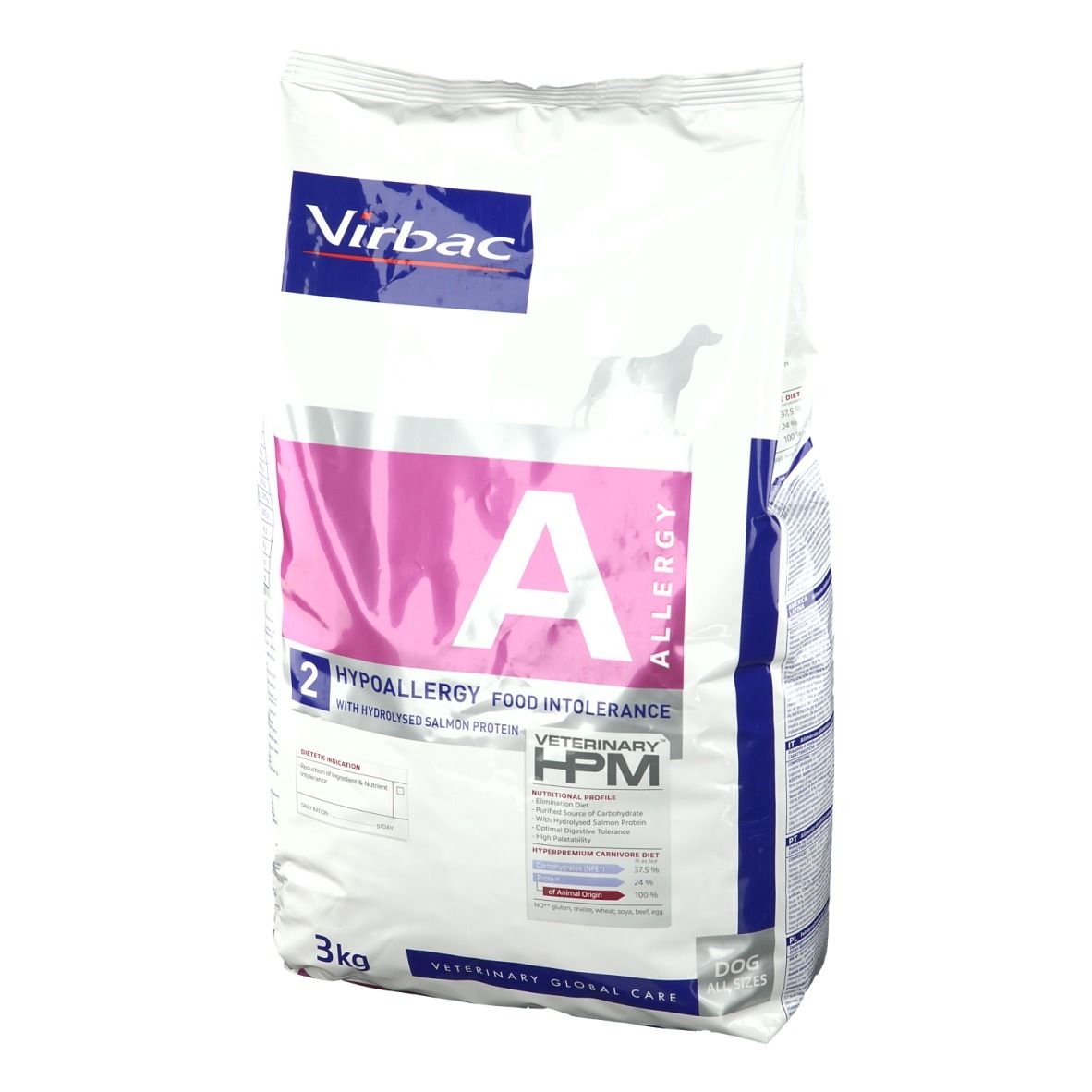 Sac Virbac VETERINARY HPM® Hunde. Blanc, bleu et rose. Inscription : "A ALLERGY", "2", "HYPOALLERGY FOOD INTOLERANCE".