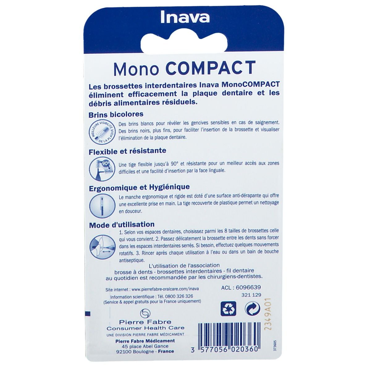 Dos de l'emballage Inava Mono COMPACT Brossettes interdentaires. Informations produit et mode d'emploi.