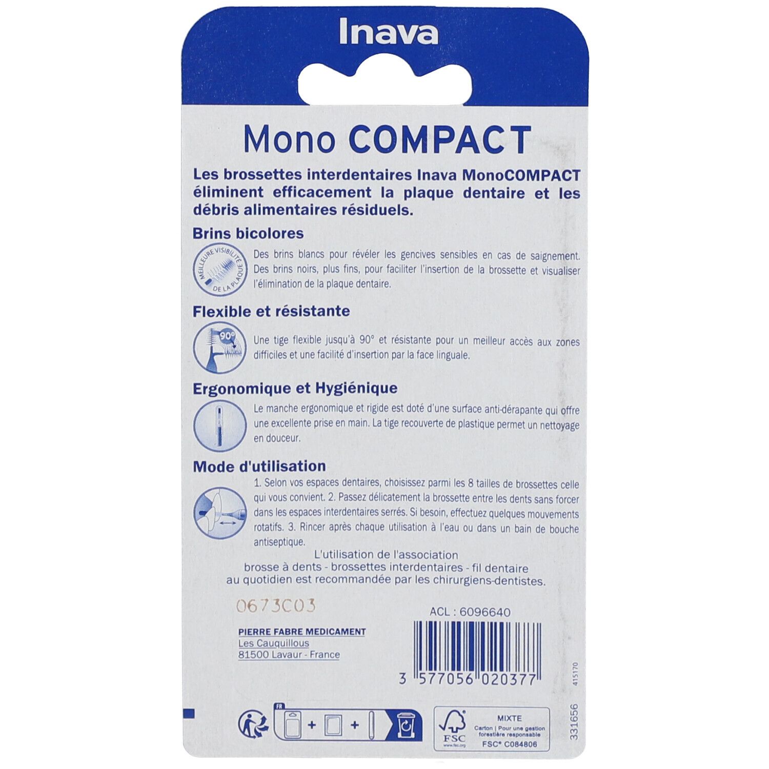 Dos de l'emballage avec informations produit. Texte en français. Inscription "Mono COMPACT" et "Inava".