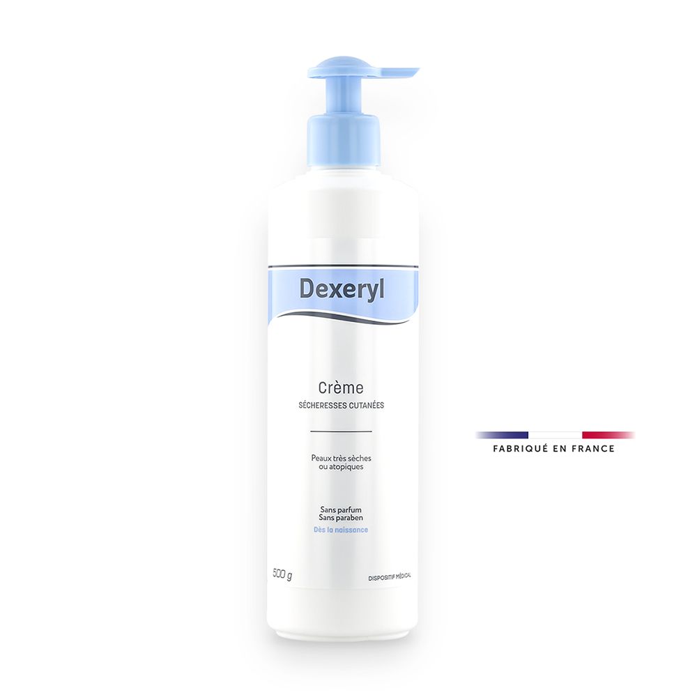 Flacon blanc avec pompe bleue. Inscription Dexeryl Crème. Fabriqué en France.