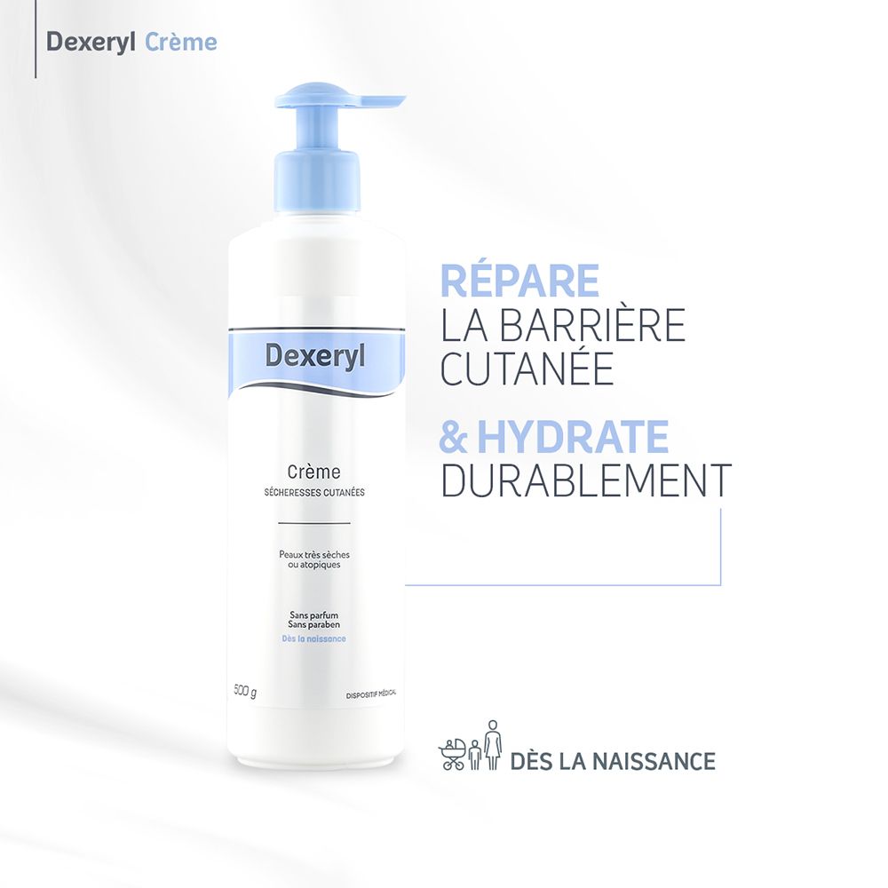 Flacon Dexeryl Crème. Texte: Répare la barrière cutanée & hydrate durablement. Dès la naissance.
