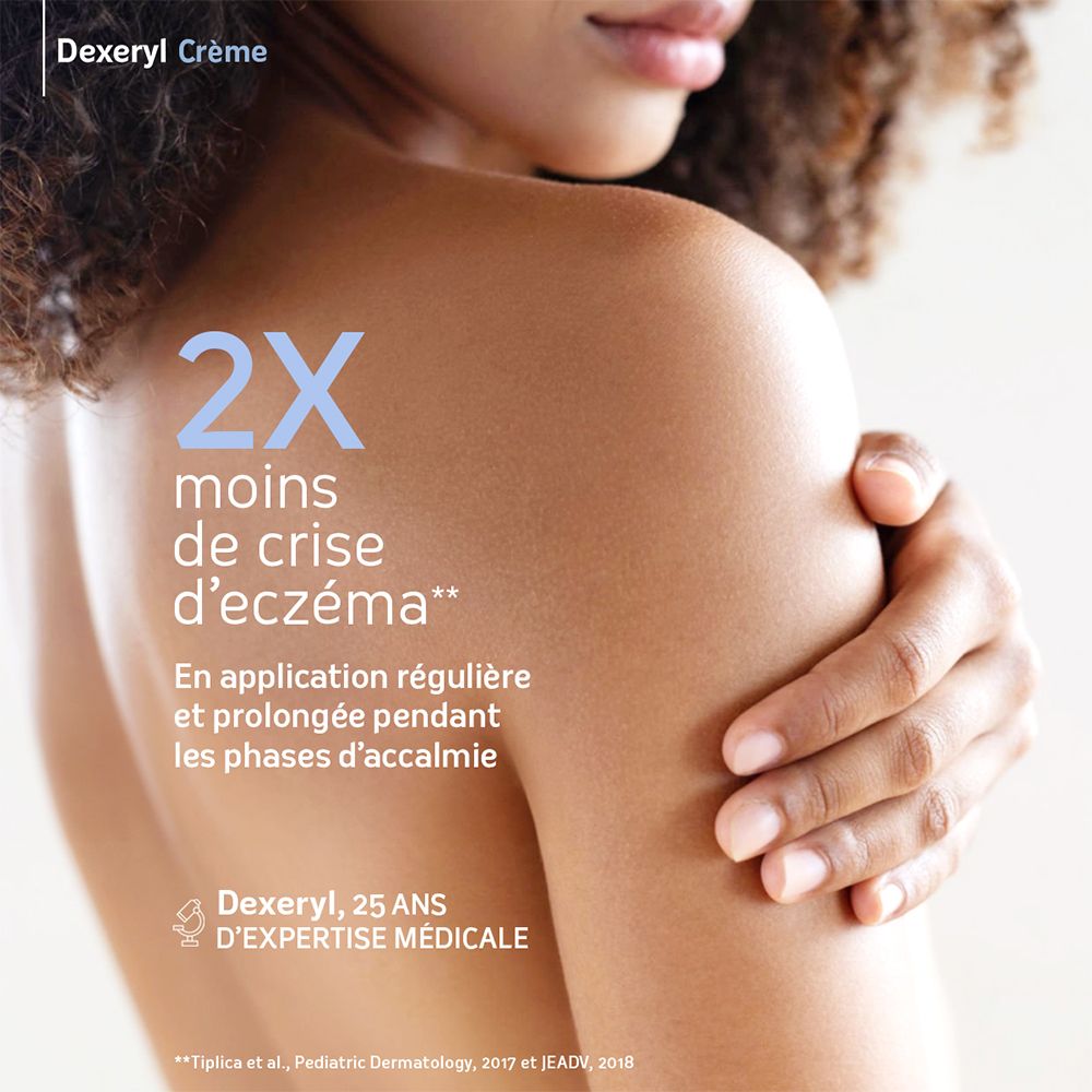 Femme touchant son épaule. Texte: 2x moins de crise d'eczéma. En application régulière.