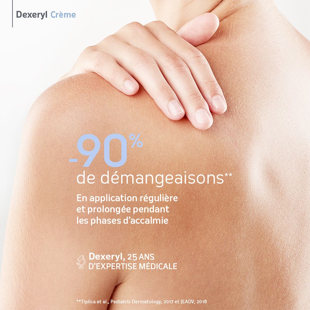 Femme touchant son épaule. Texte: -90% de démangeaisons. En application régulière.