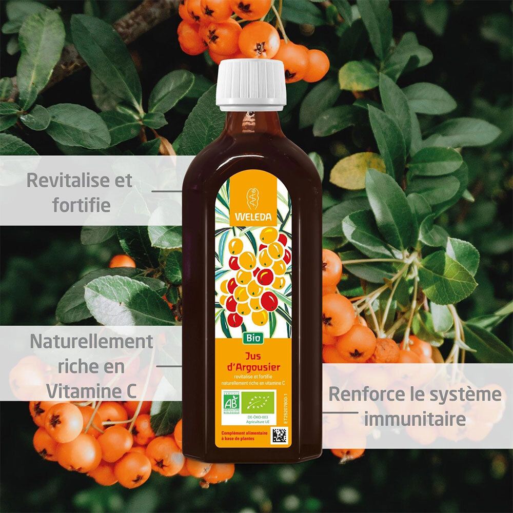 Bouteille en verre brun avec bouchon blanc. Logo WELEDA et label Bio. Illustration de baies d'argousier. Texte : Jus d'Argousier.