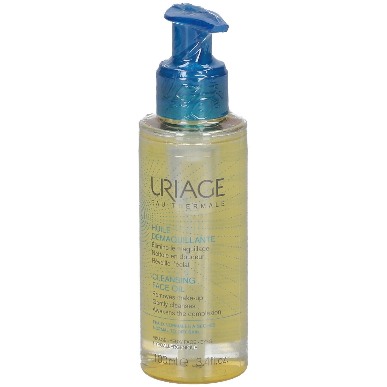 Flacon transparent avec pompe bleue. Inscription URIAGE, Huile Démaquillante, Cleansing Face Oil. 100ml.