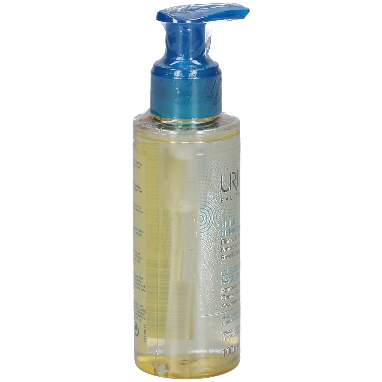 Flacon transparent avec pompe bleue. Inscription URIAGE, Huile Démaquillante, Cleansing Face Oil. Étiquette.