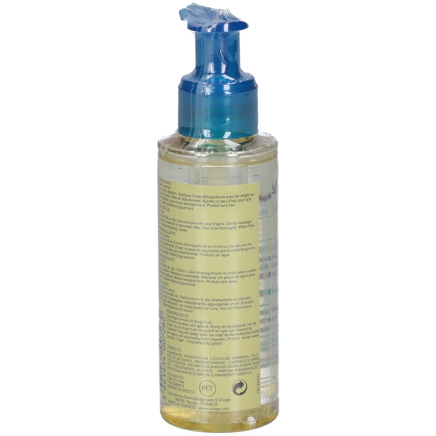 Dos d'un flacon transparent avec pompe bleue. Texte sur l'étiquette. Logo PET.