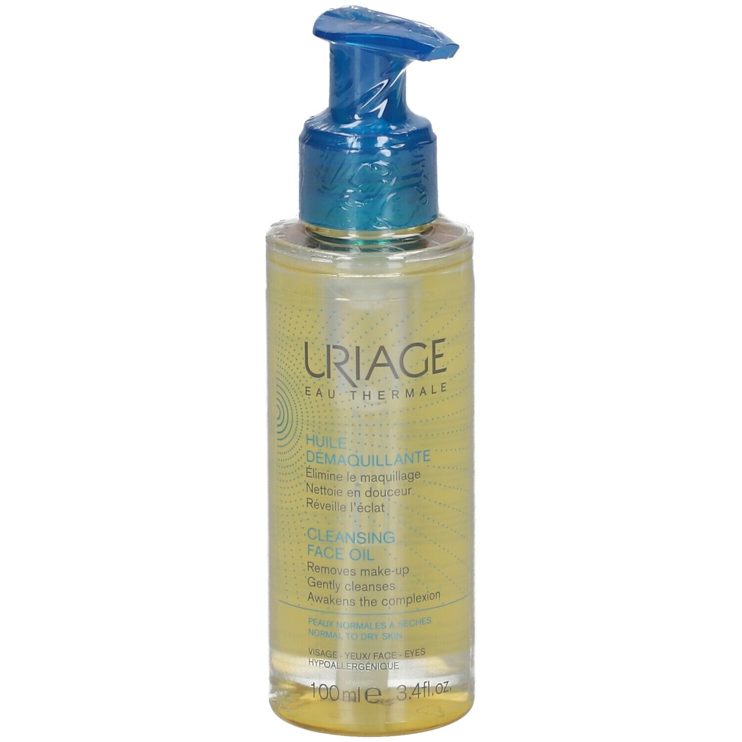Flacon transparent avec pompe bleue. Inscription URIAGE, Huile Démaquillante, Cleansing Face Oil. 100ml.