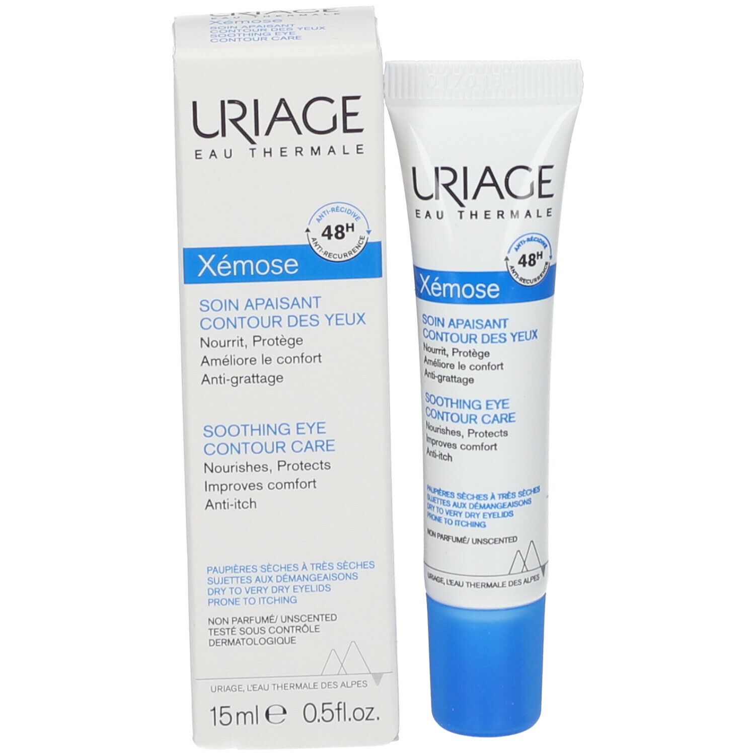 Produit et emballage. Tube et boîte blancs. Inscription: URIAGE Xémose Soin Apaisant Contour des Yeux. Texte en français et anglais.