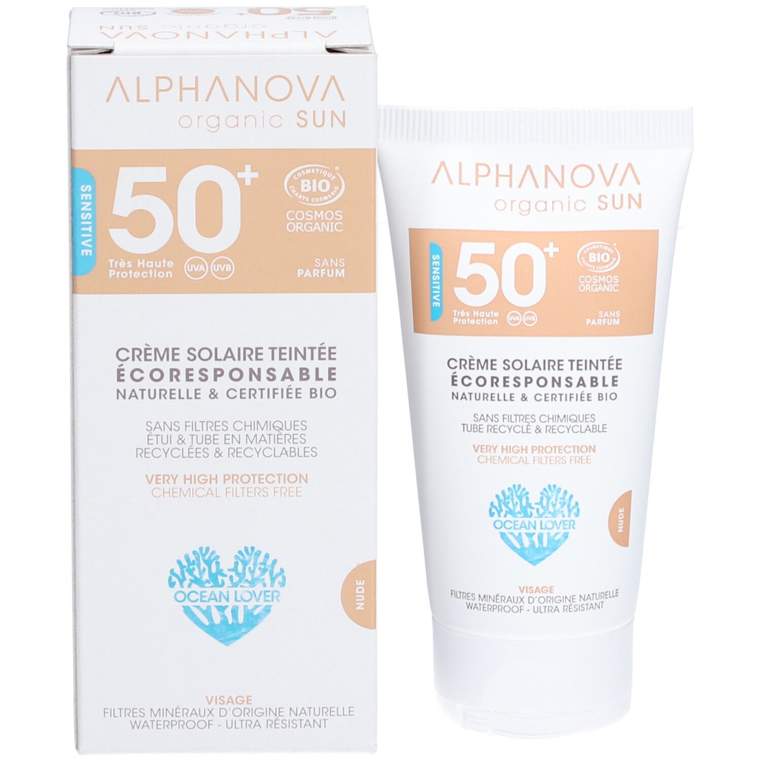 Sonnencreme-Tube und -Verpackung nebeneinander. Aufschrift: 50+, BIO, getönte Creme. Verpackung mit Produktnamen.