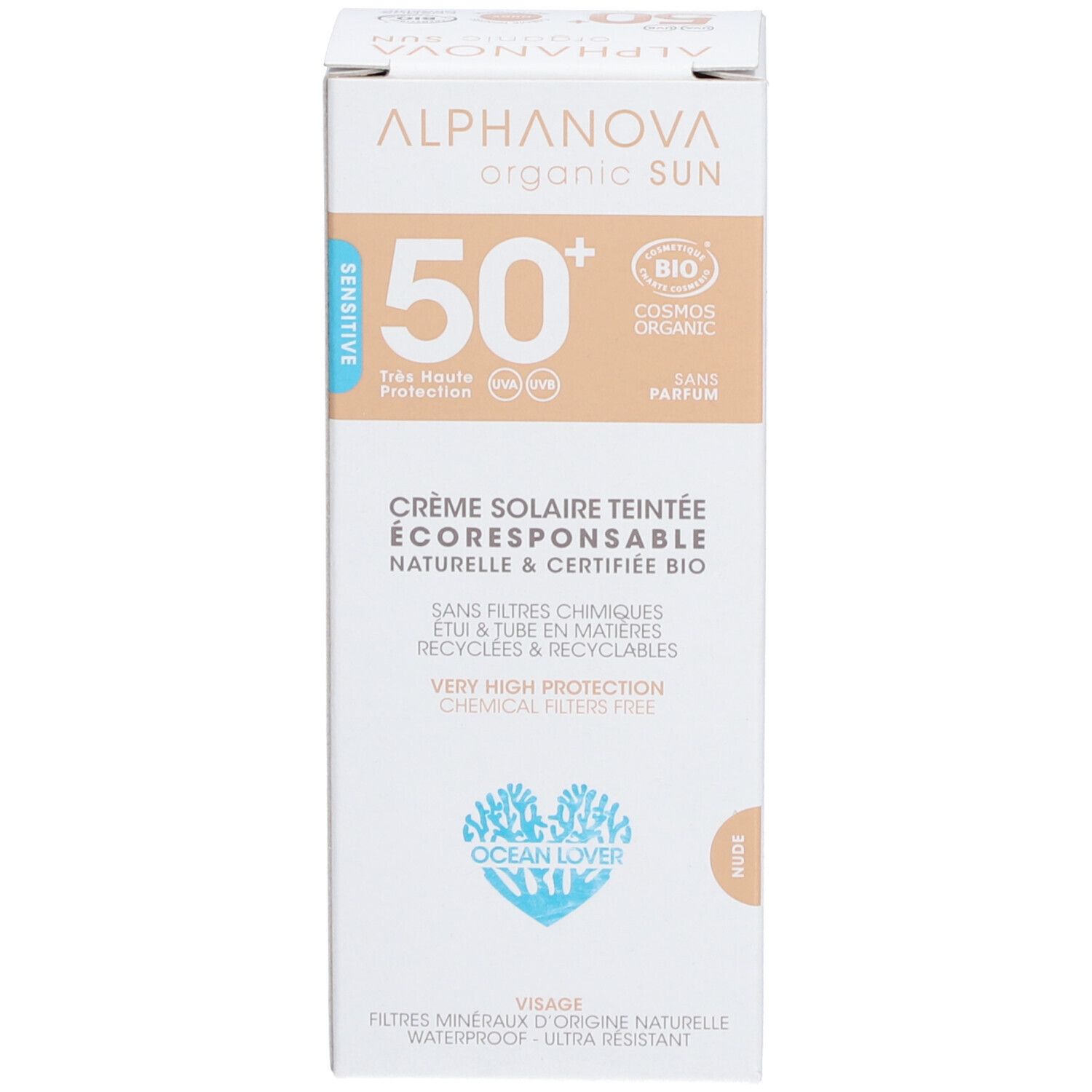 Verpackung der getönten Sonnencreme. Aufschrift: 50+, BIO, getönte Creme. Produktname und Logo sichtbar.