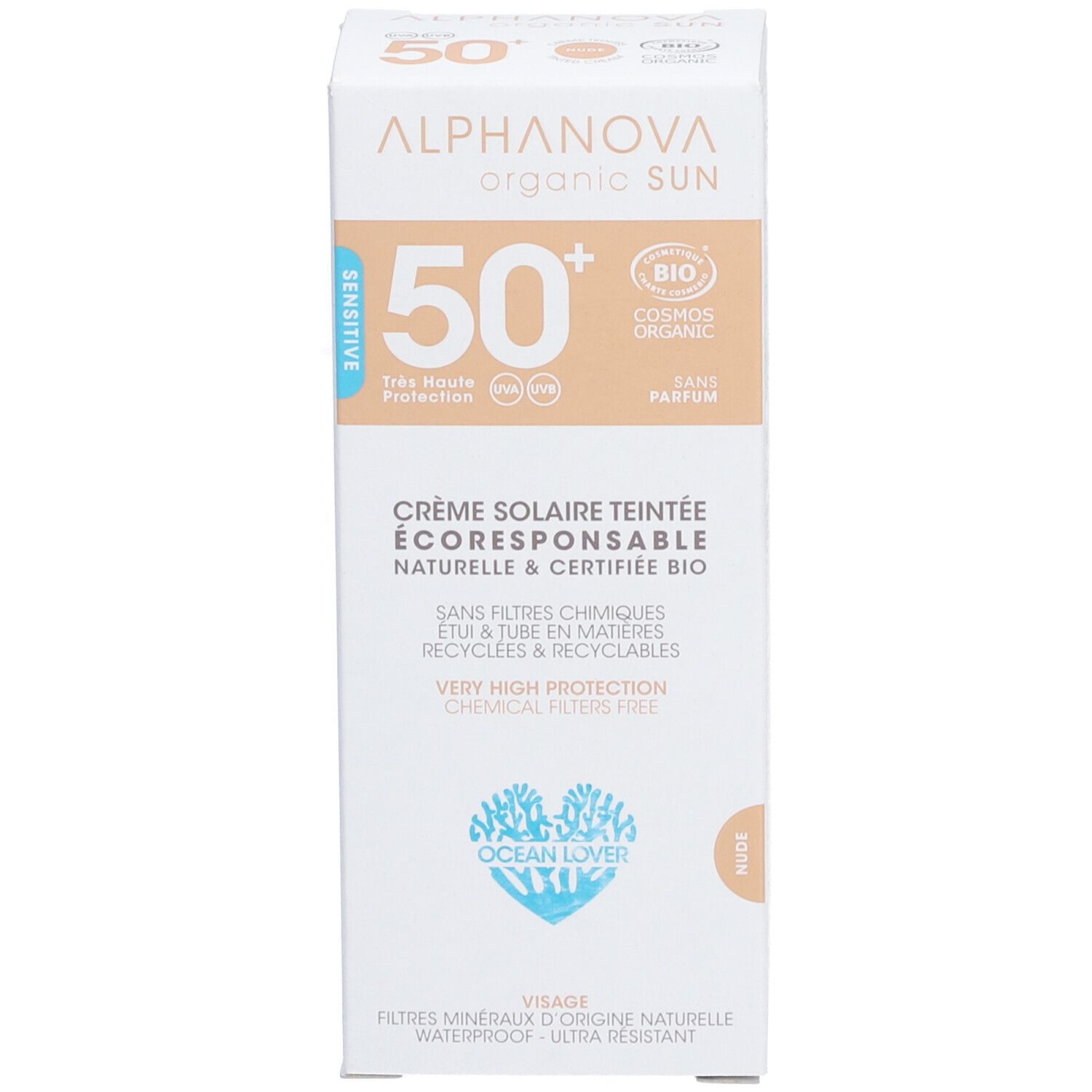 Verpackung der getönten Sonnencreme. Aufschrift: 50+, BIO, getönte Creme. Produktname und Logo sichtbar.