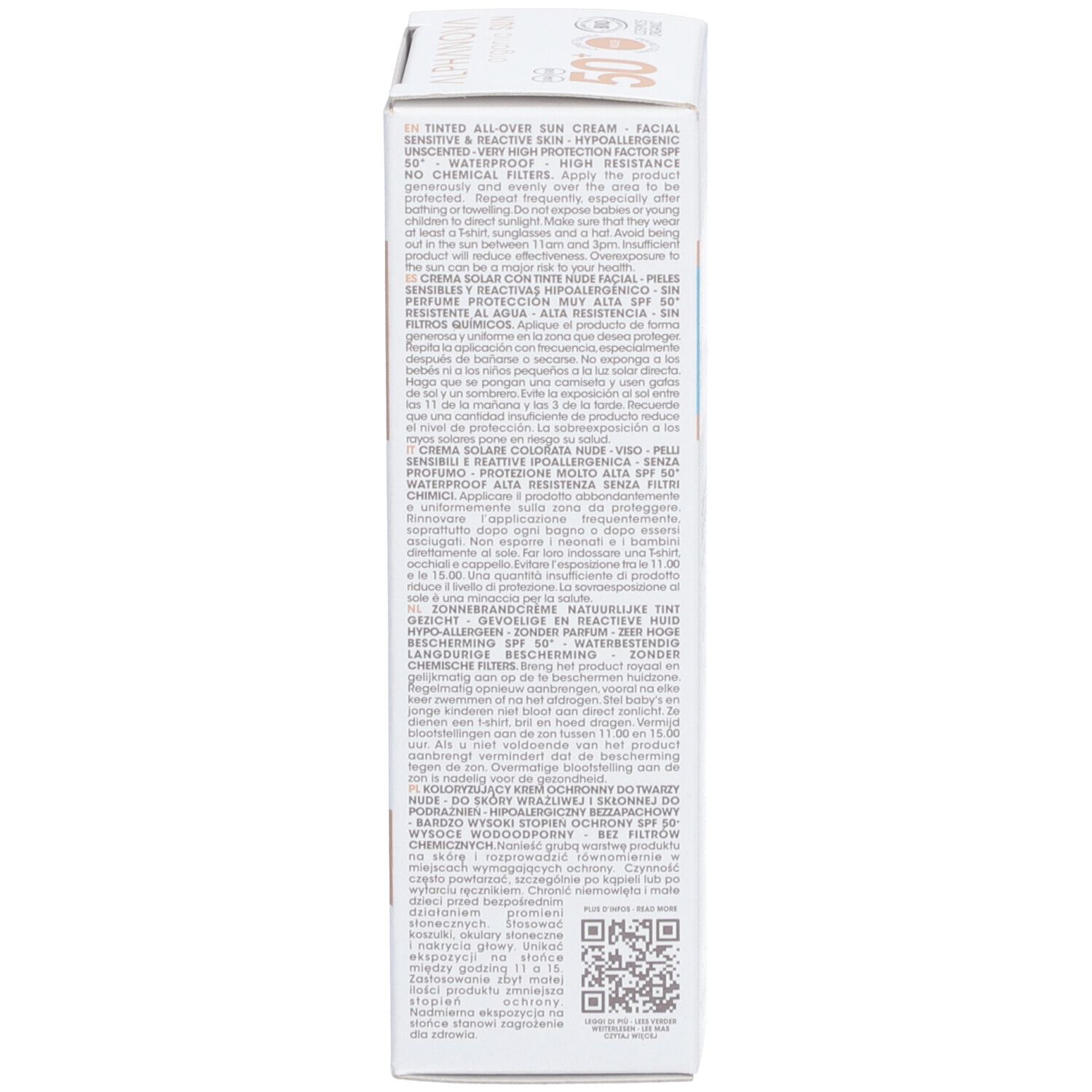 Seite der Sonnencreme-Verpackung. Text: getönte Creme, hypoallergen, ohne Parfum. Inhaltsstoffe und Anwendungshinweise.