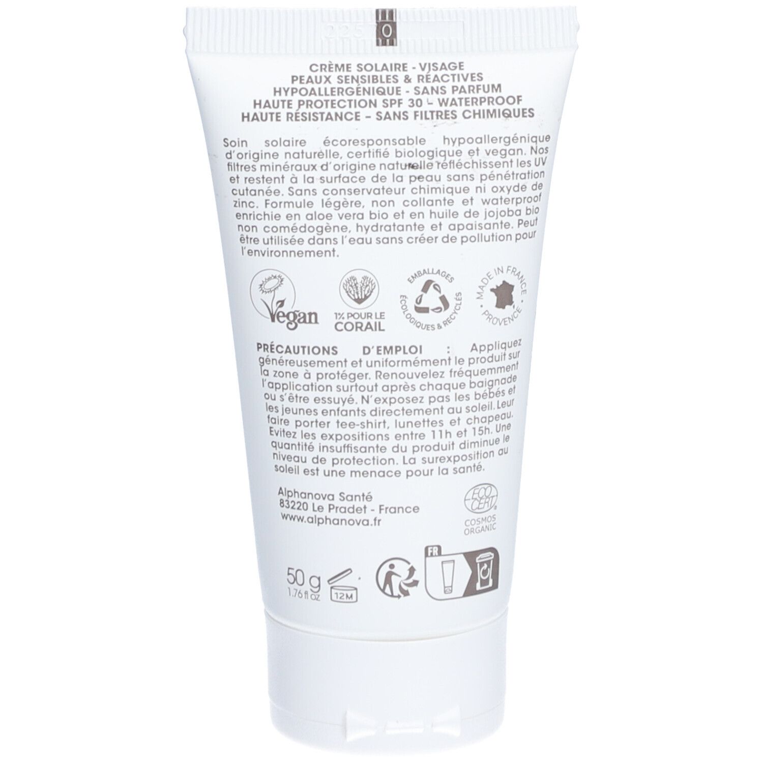 Dos du tube blanc. Texte multilingue. Labels vegan et bio. Informations d'utilisation.