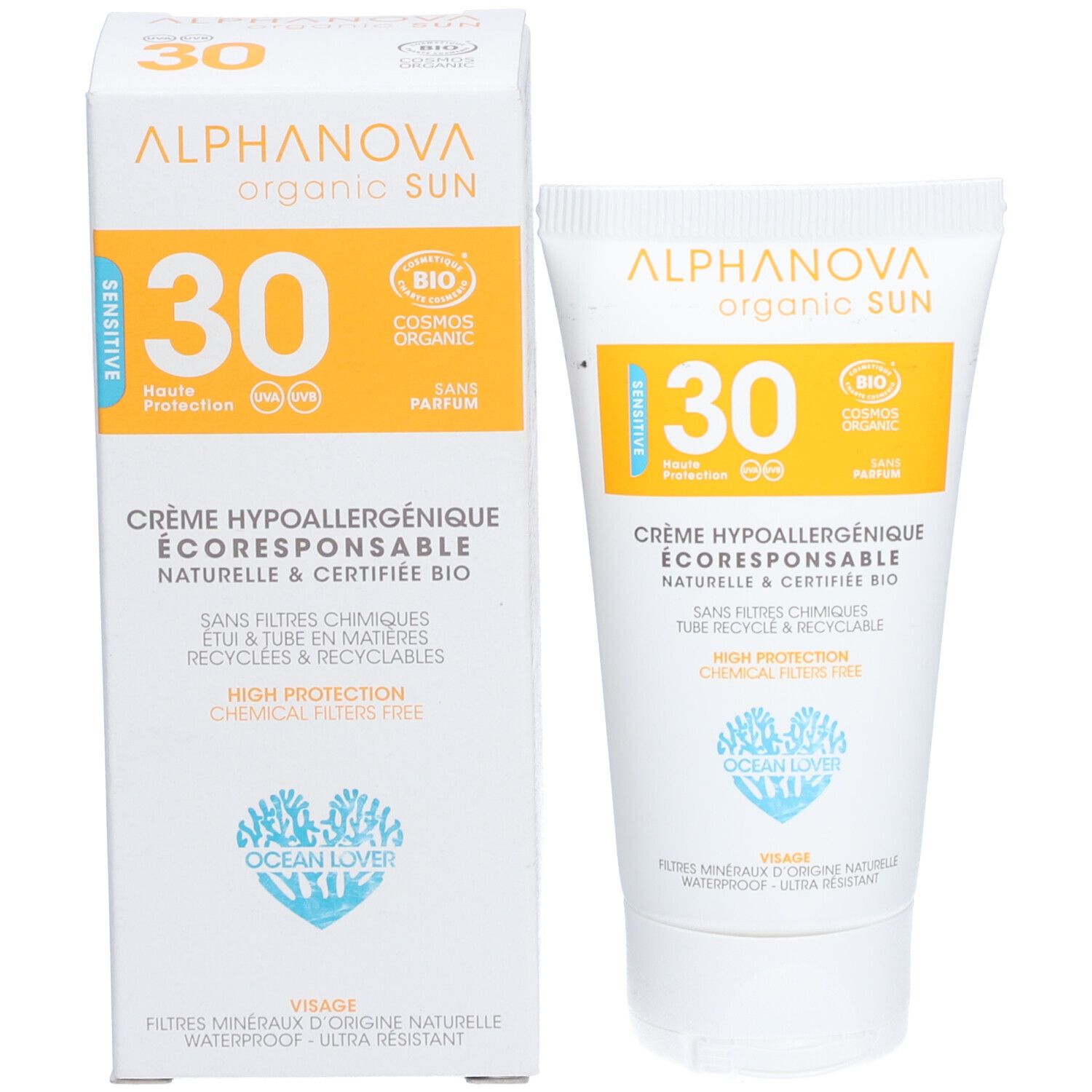 Emballage et tube côte à côte. Les deux avec Alphanova, organic SUN, SPF 30, logo BIO et texte.