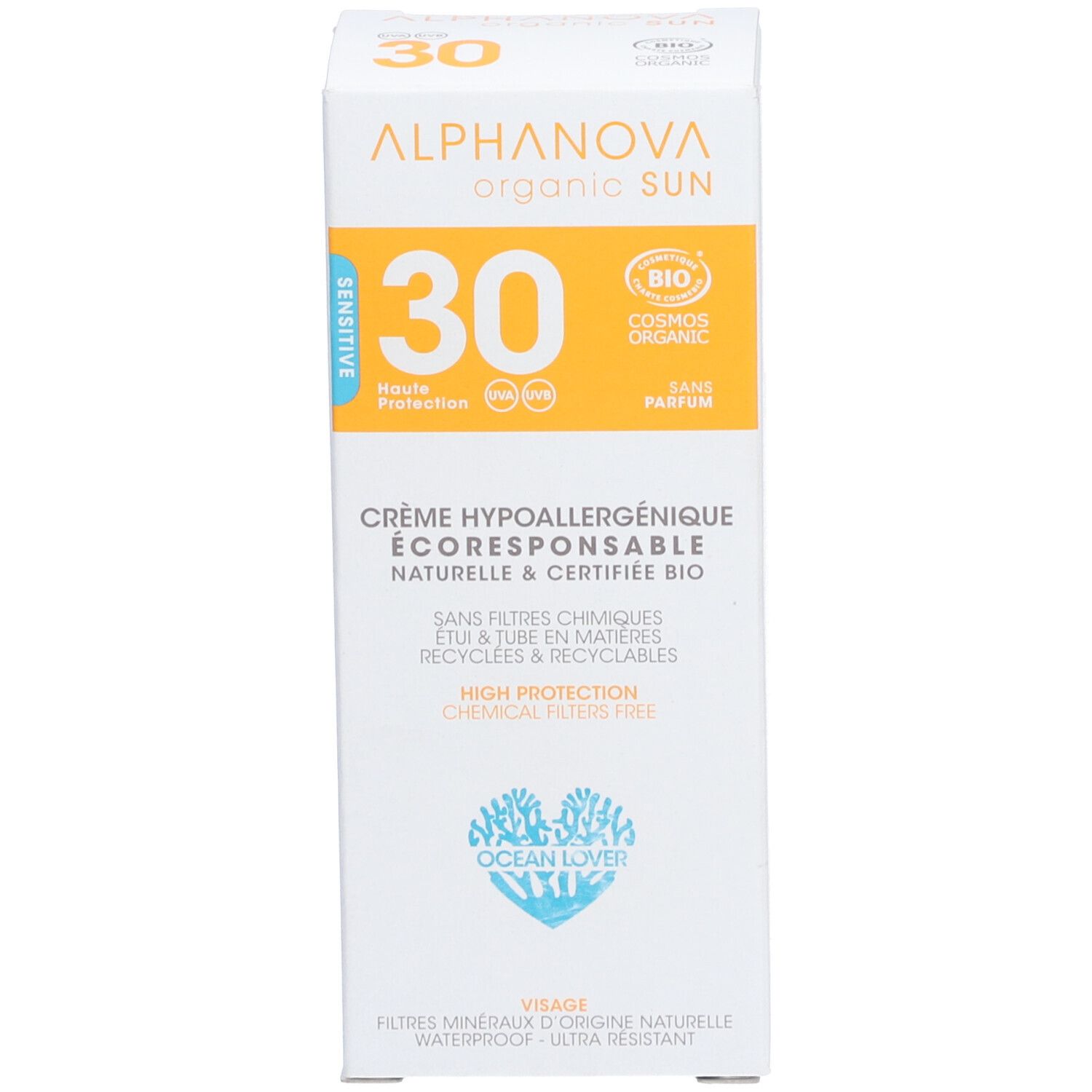 Emballage, face avant. Alphanova, organic SUN, SPF 30, logo BIO, texte. Emballage blanc.