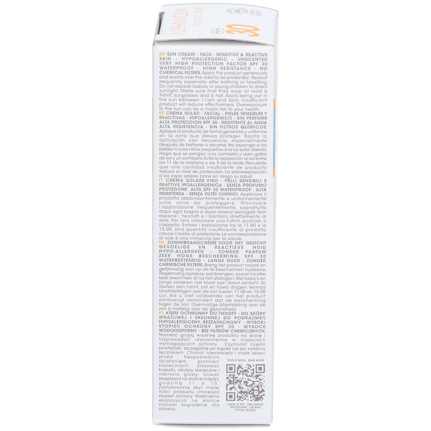 Emballage, côté. Texte multilingue. Informations, code QR, logos.
