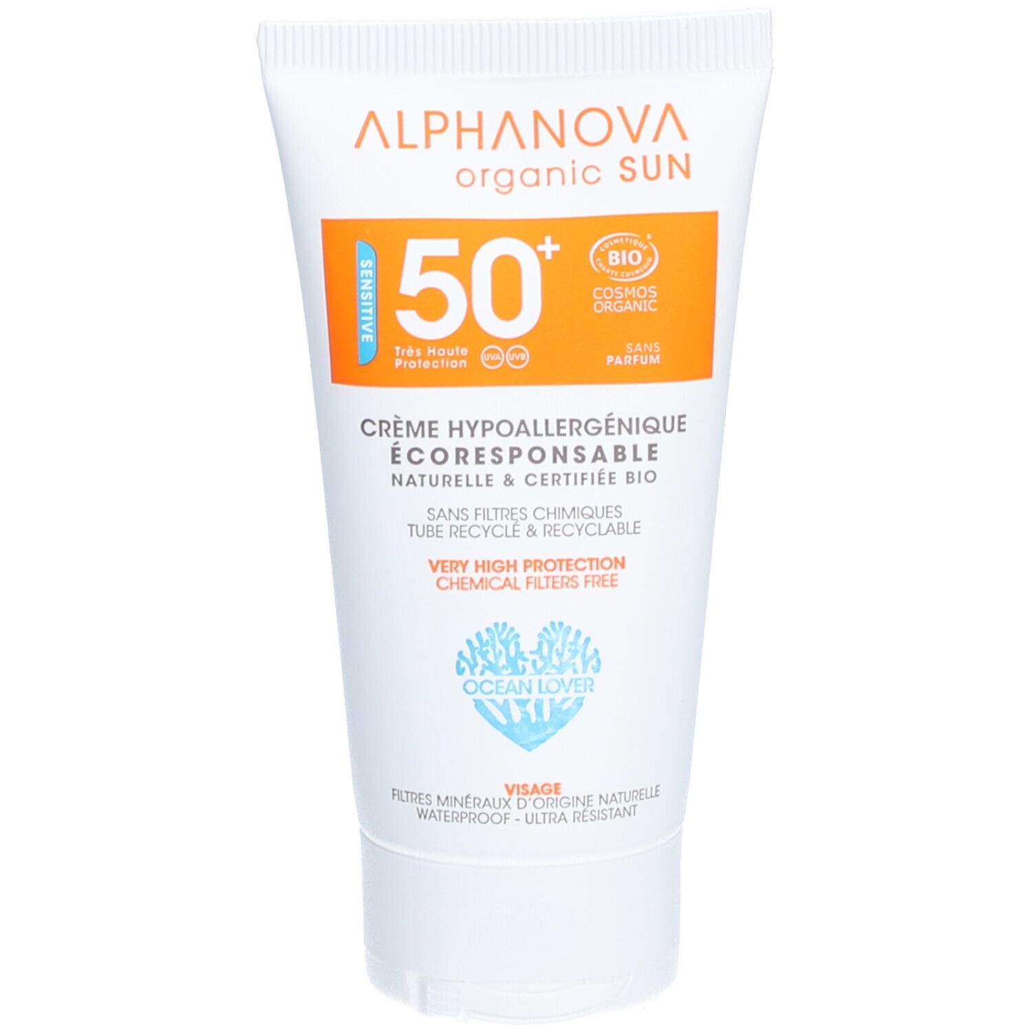 Weiße Tube mit orangefarbenem Aufdruck. Enthält Sonnencreme mit LSF 50+. Zertifiziertes Bio-Produkt.