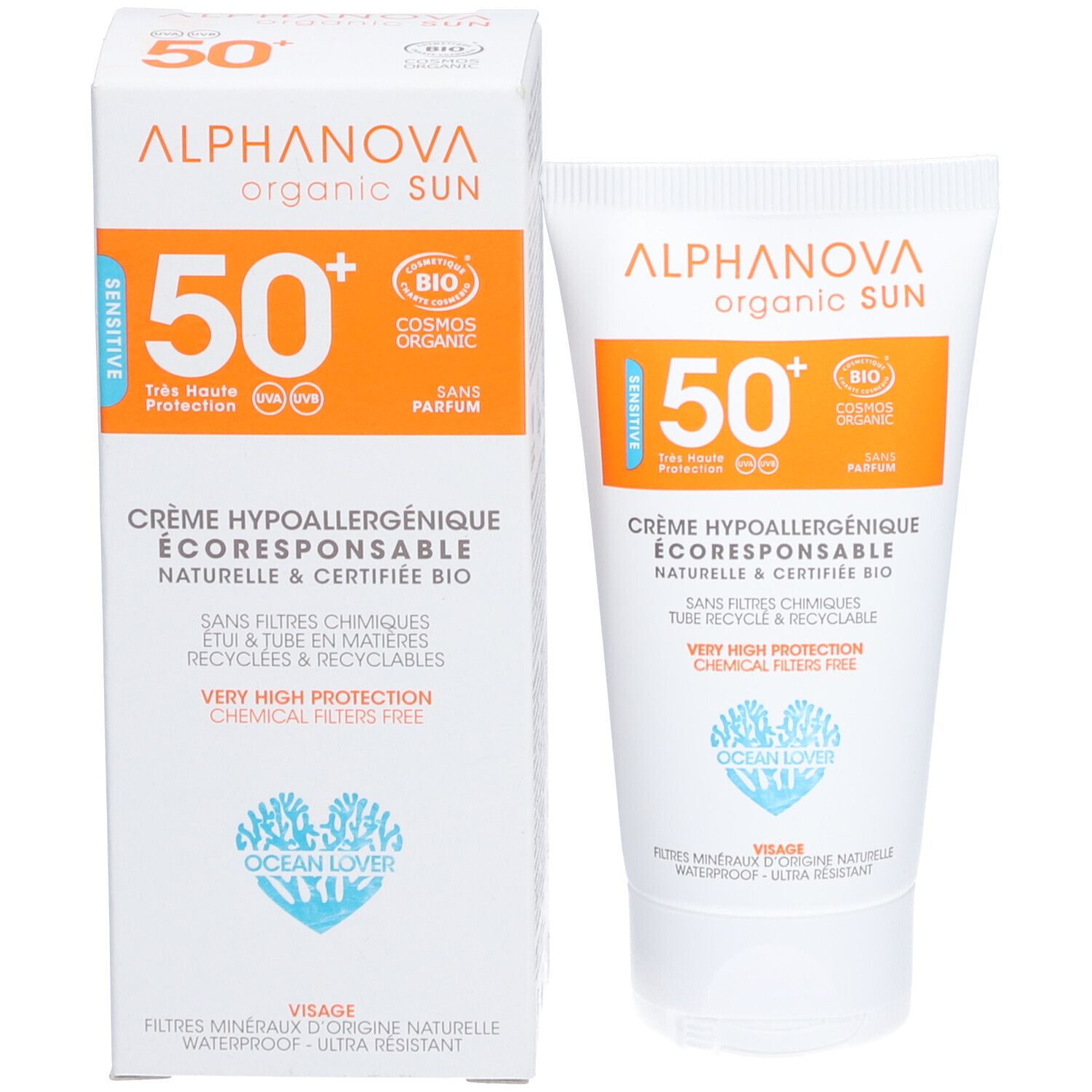 Sonnencreme-Tube und -Verpackung. Beide mit orangefarbenem Aufdruck und LSF 50+. Bio-zertifiziert.