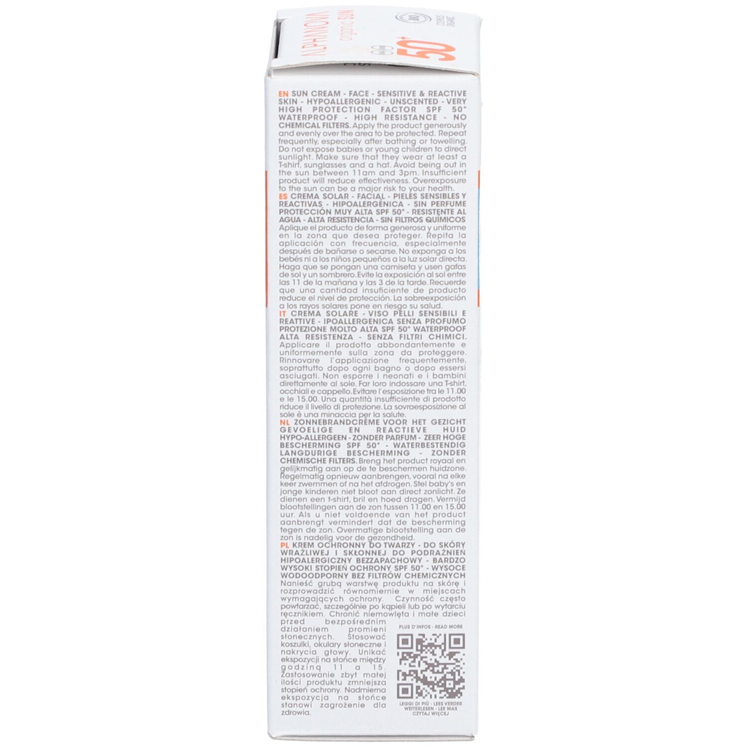 Rückseite der Sonnencreme-Verpackung. Text in mehreren Sprachen. Vegan und umweltfreundlich.