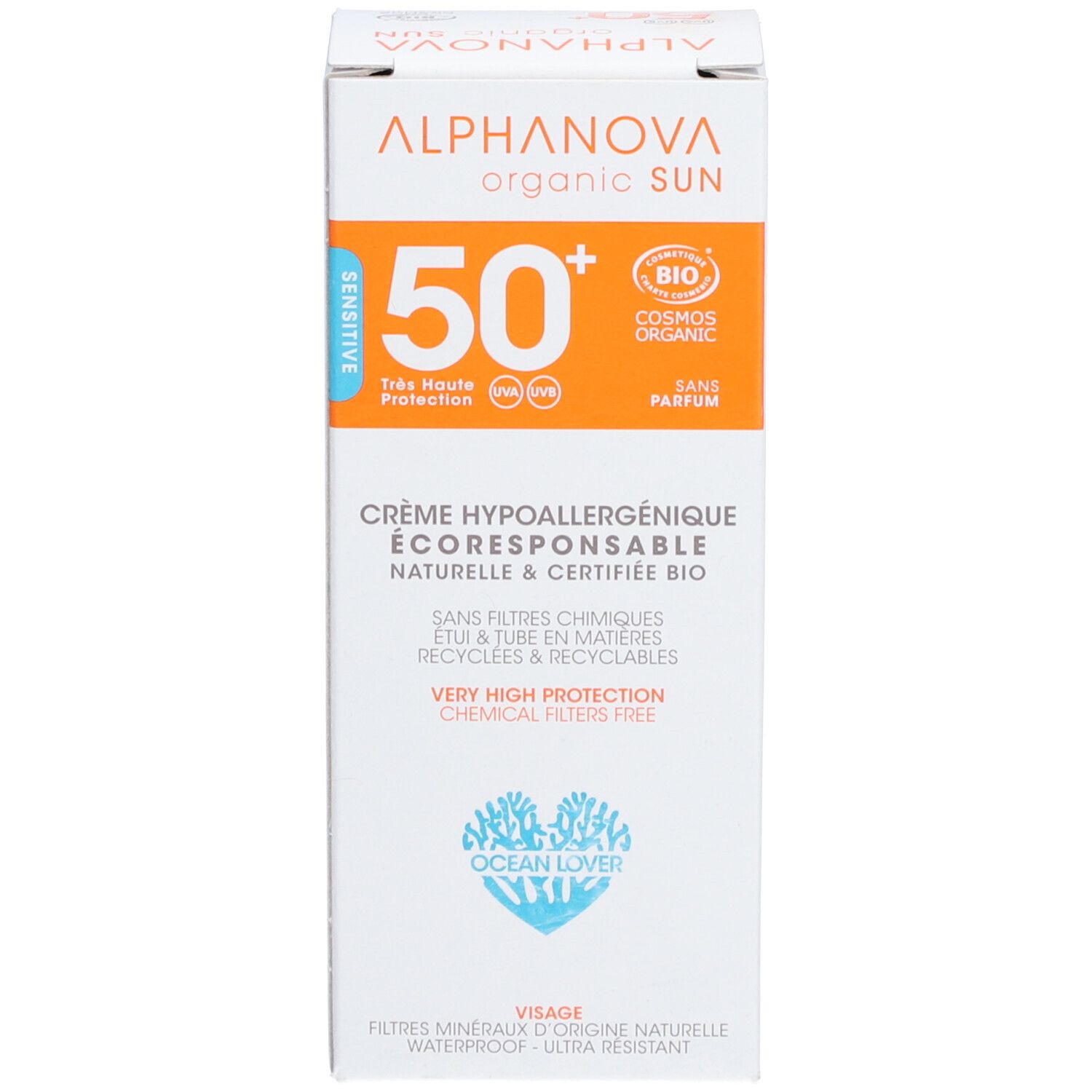 Sonnencreme-Verpackung. Weiß mit orangefarbenem Aufdruck. LSF 50+ und Bio-Zertifizierung.
