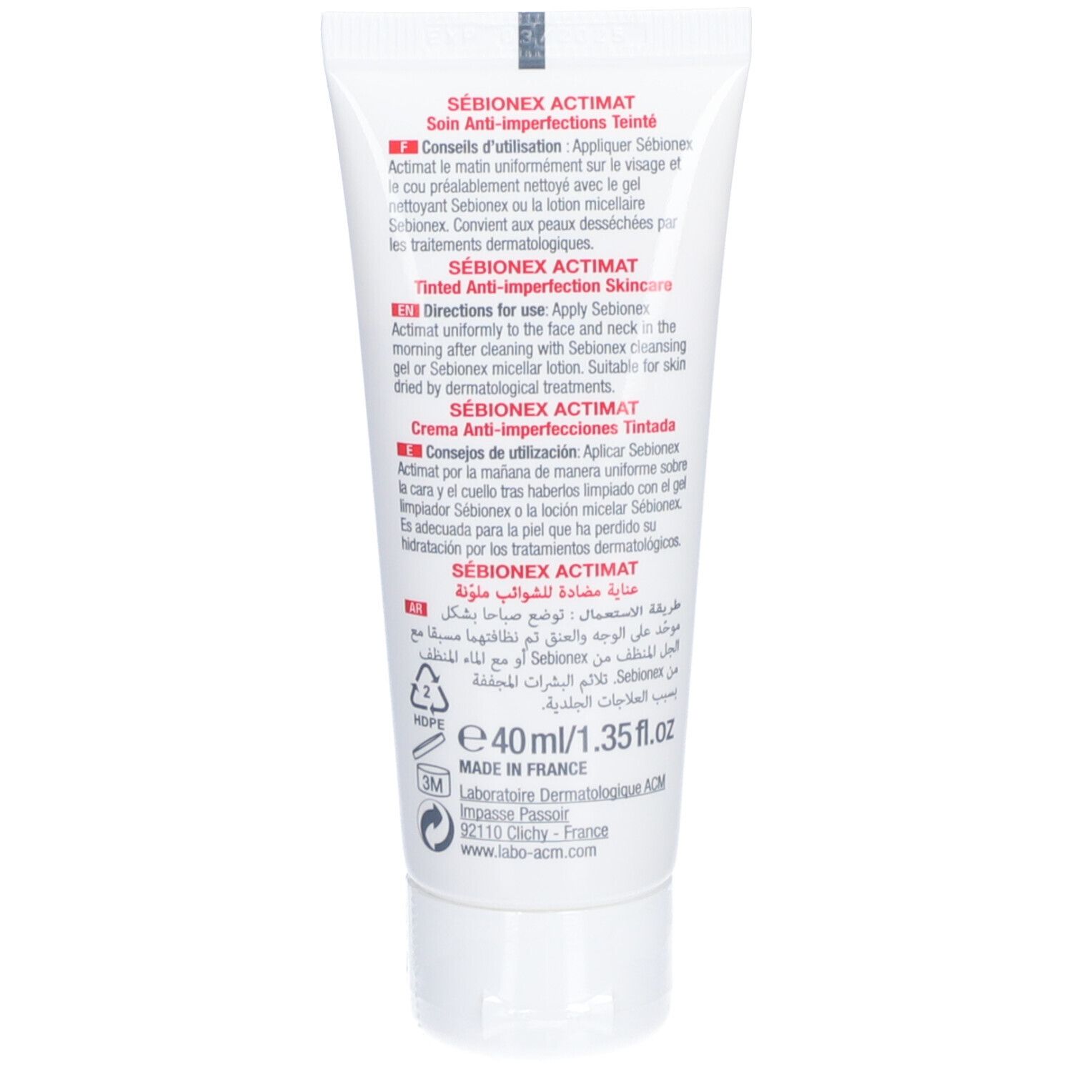Rückseite der Tube. Text in mehreren Sprachen. Inhaltsstoffe und Gebrauchsanweisung. 40ml.