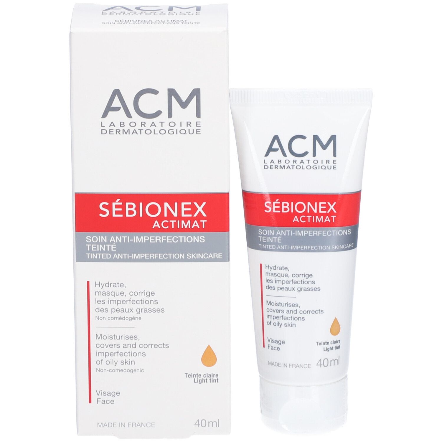 Produktverpackung. Tube und Schachtel. Aufschrift: ACM Sébionex Actimat. 40ml. Getönte Hautunreinheiten.