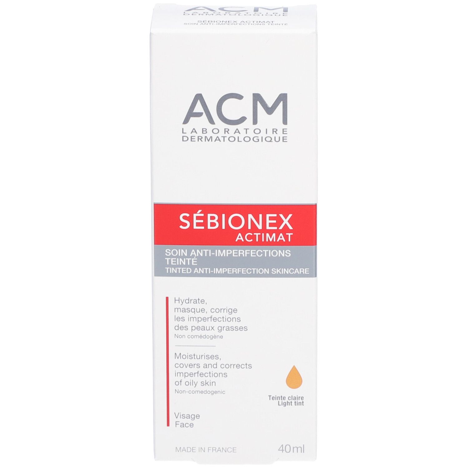 Produktverpackung. Schachtel. Aufschrift: ACM Sébionex Actimat. 40ml. Getönte Hautunreinheiten.