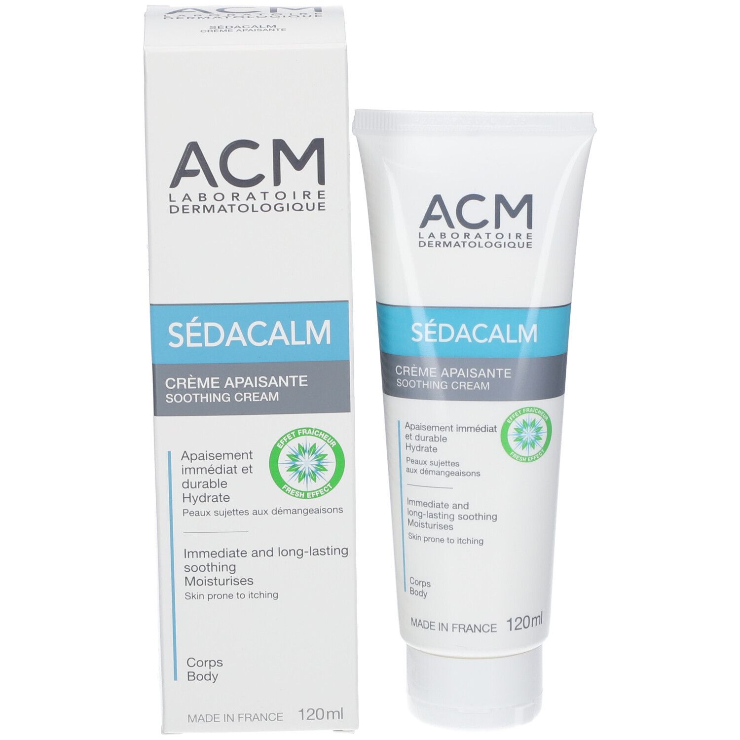Produktverpackung: Tube und Schachtel. Aufschrift: ACM, SÉDACALM, Creme apaisante. 120ml. Made in France.