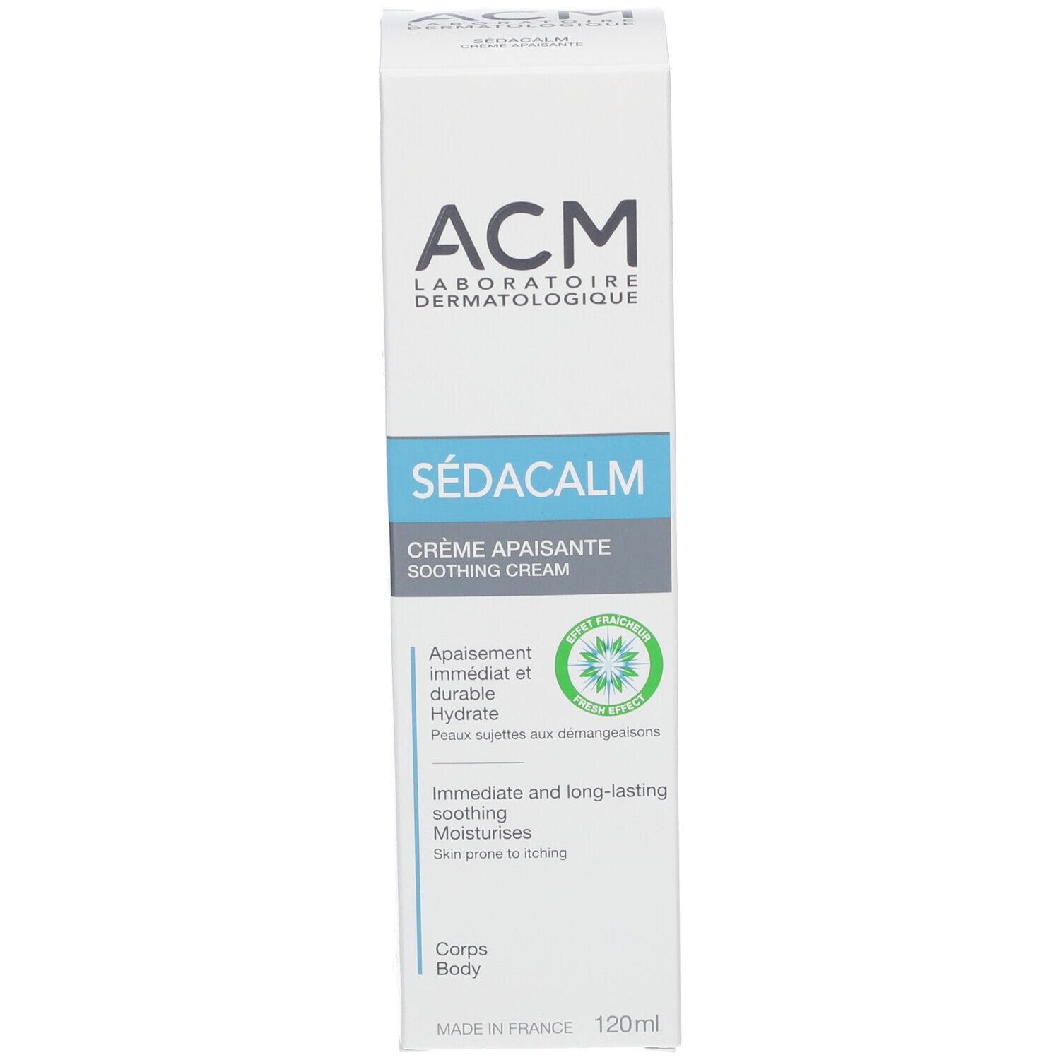 Weiße Schachtel mit blauer und grauer Beschriftung. Aufschrift: ACM, SÉDACALM, Creme apaisante. 120ml.