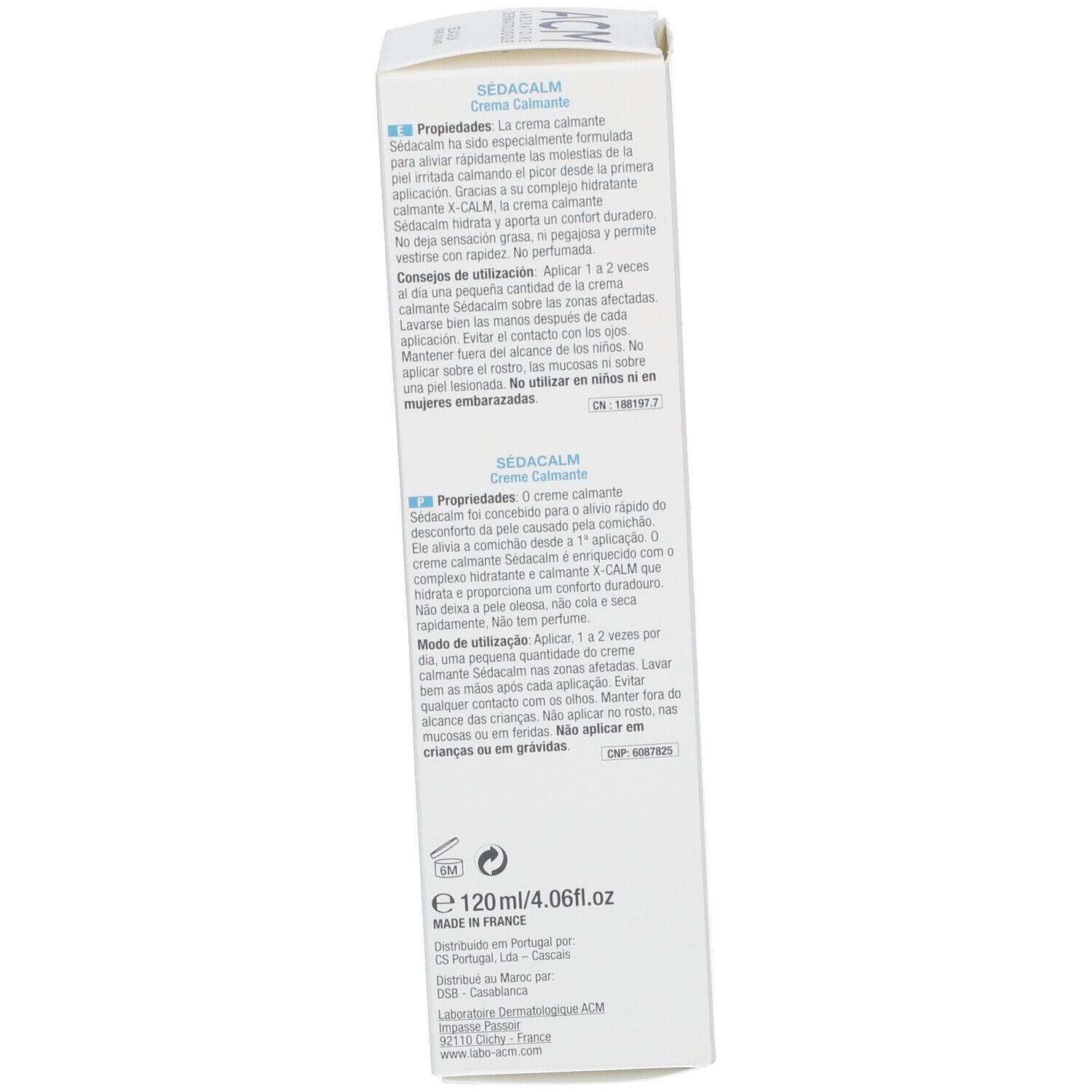 Rückseite der Schachtel. Text in mehreren Sprachen. 120ml. Inhaltsstoffe. Hergestellt in Frankreich.