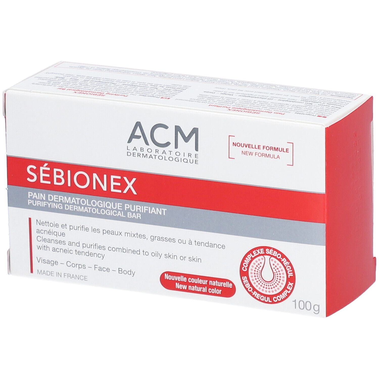Verpakking van ACM Sébionex Pain dermatologique purifiant. Wit-rode doos met productnaam en logo. 100g.