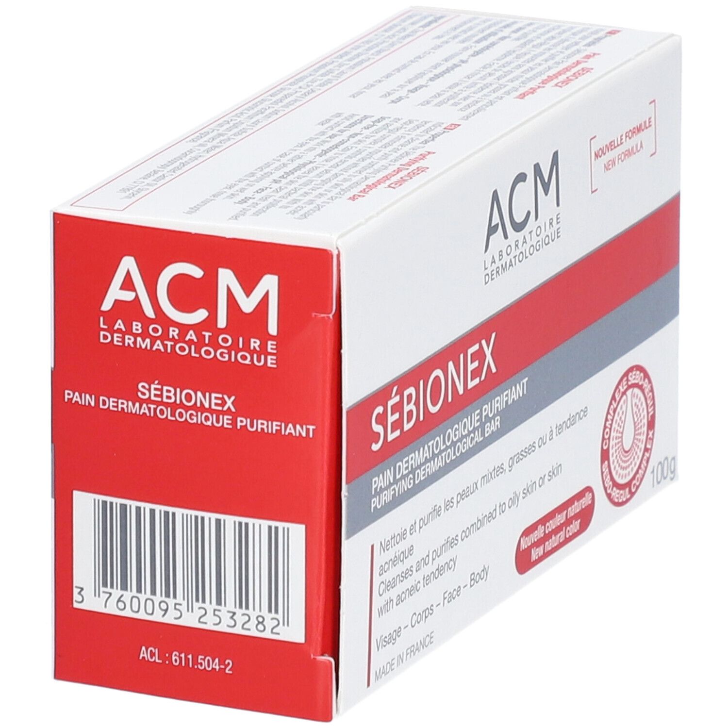 Verpakking van ACM Sébionex Pain dermatologique purifiant. Wit-rode doos met productnaam, logo en barcode. 100g.